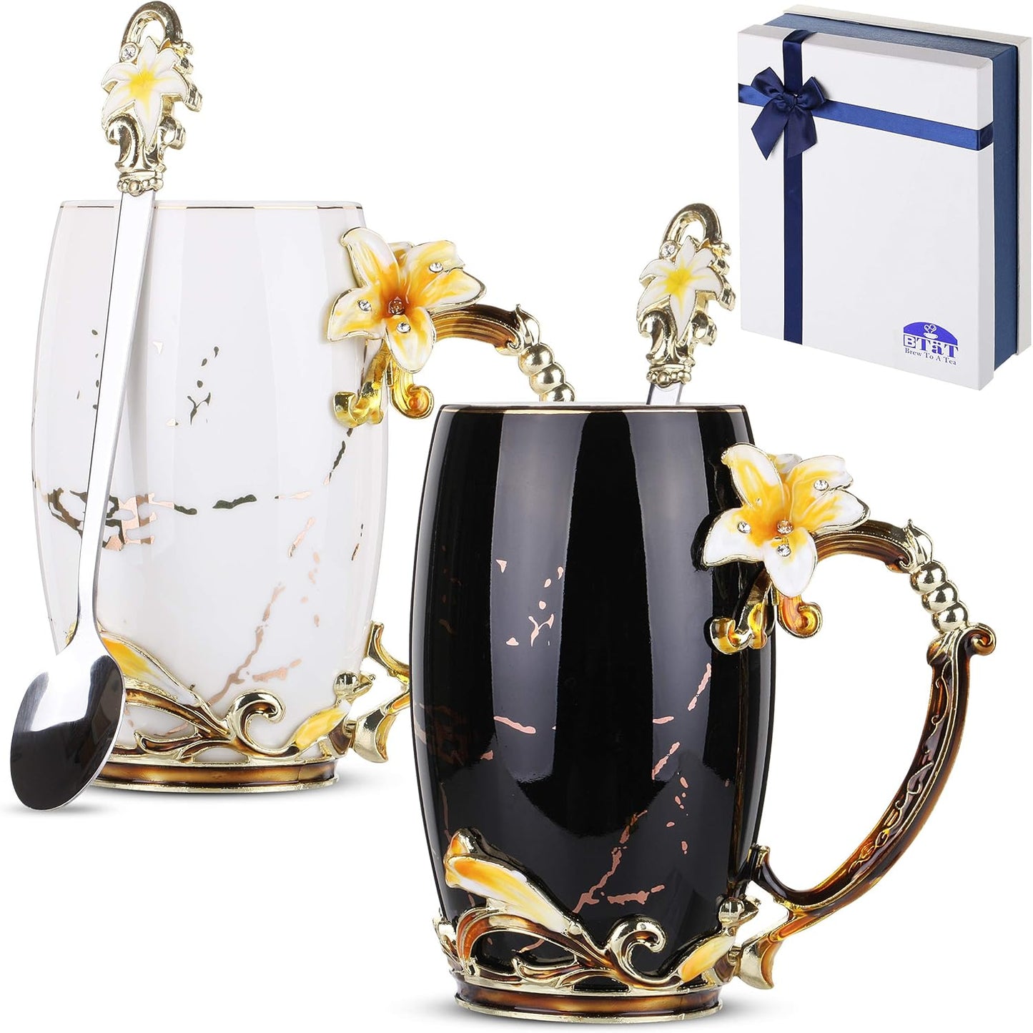 BTaT- Floral Ceramic Mugs with Spoon, Set of 2, Black & White