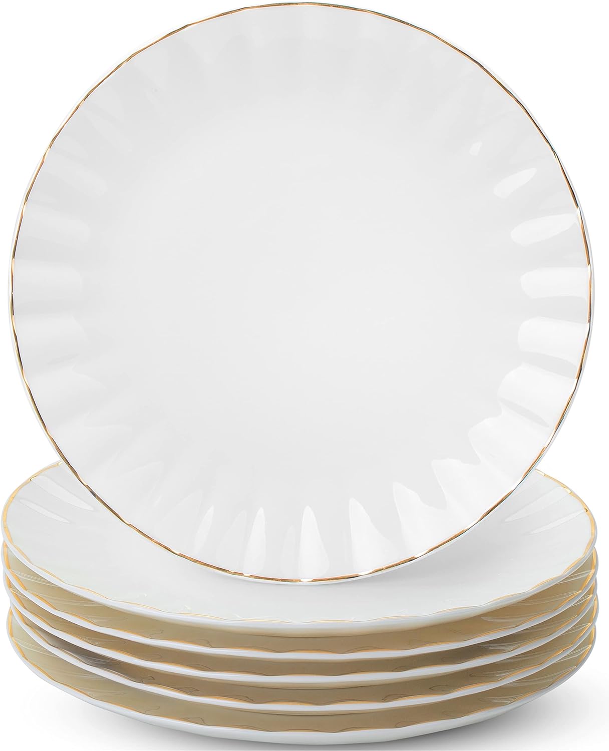BTaT- White Dessert Plates, Set of 6, 8 inch, White Porcelain with Gold Trim, Small Plate