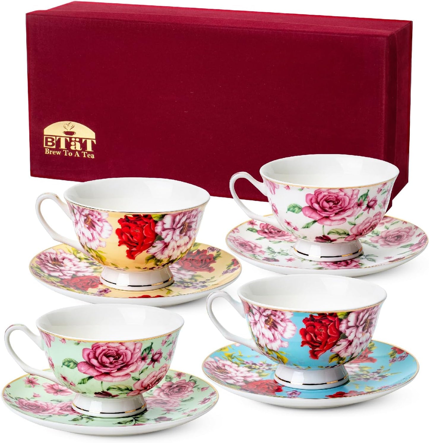 BTaT- Floral Tea Cups and Saucers with Gift Box, 8 oz, Tea Cups Set of 4