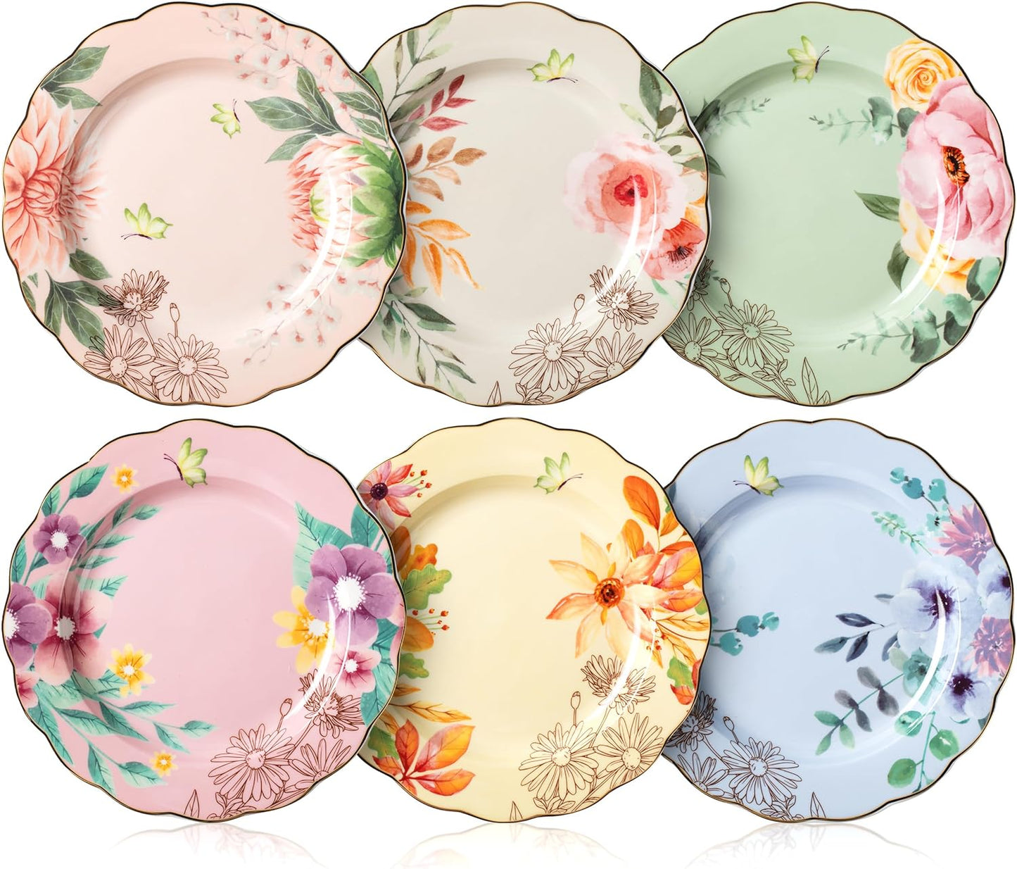 BTaT- Porcelain Floral Plates, 8 inch, Set of 6, Royal Dessert Plates, Appetizer Plates
