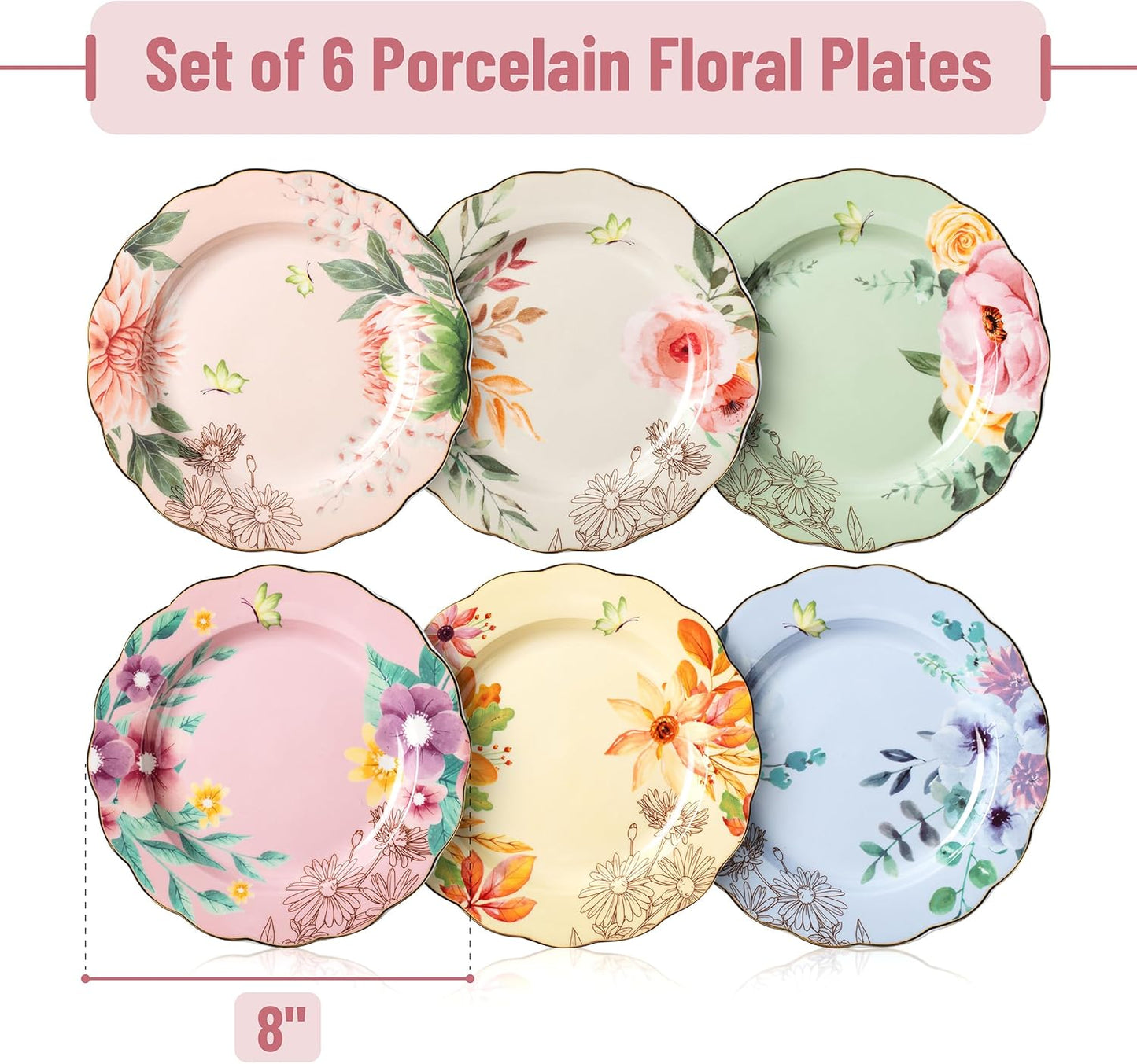 BTaT- Porcelain Floral Plates, 8 inch, Set of 6, Royal Dessert Plates, Appetizer Plates