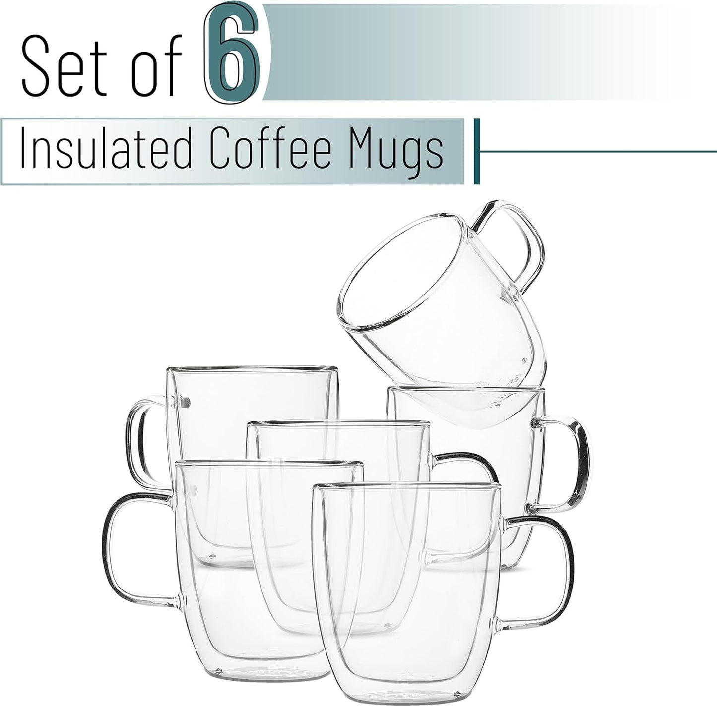BTaT- Double Wall Glass Coffee Mugs, 12 oz, Set of 6, Double Glass Coffee Cups