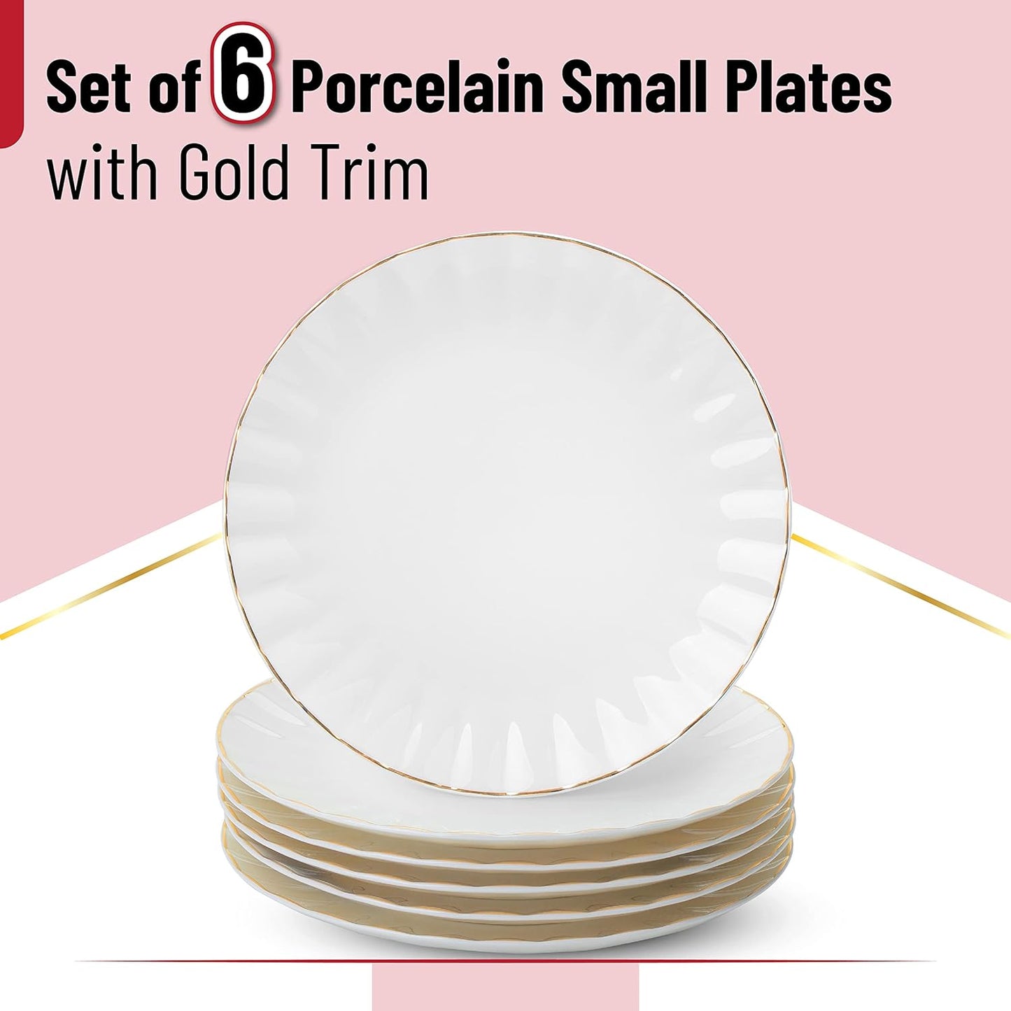 BTaT- White Dessert Plates, Set of 6, 8 inch, White Porcelain with Gold Trim, Small Plate