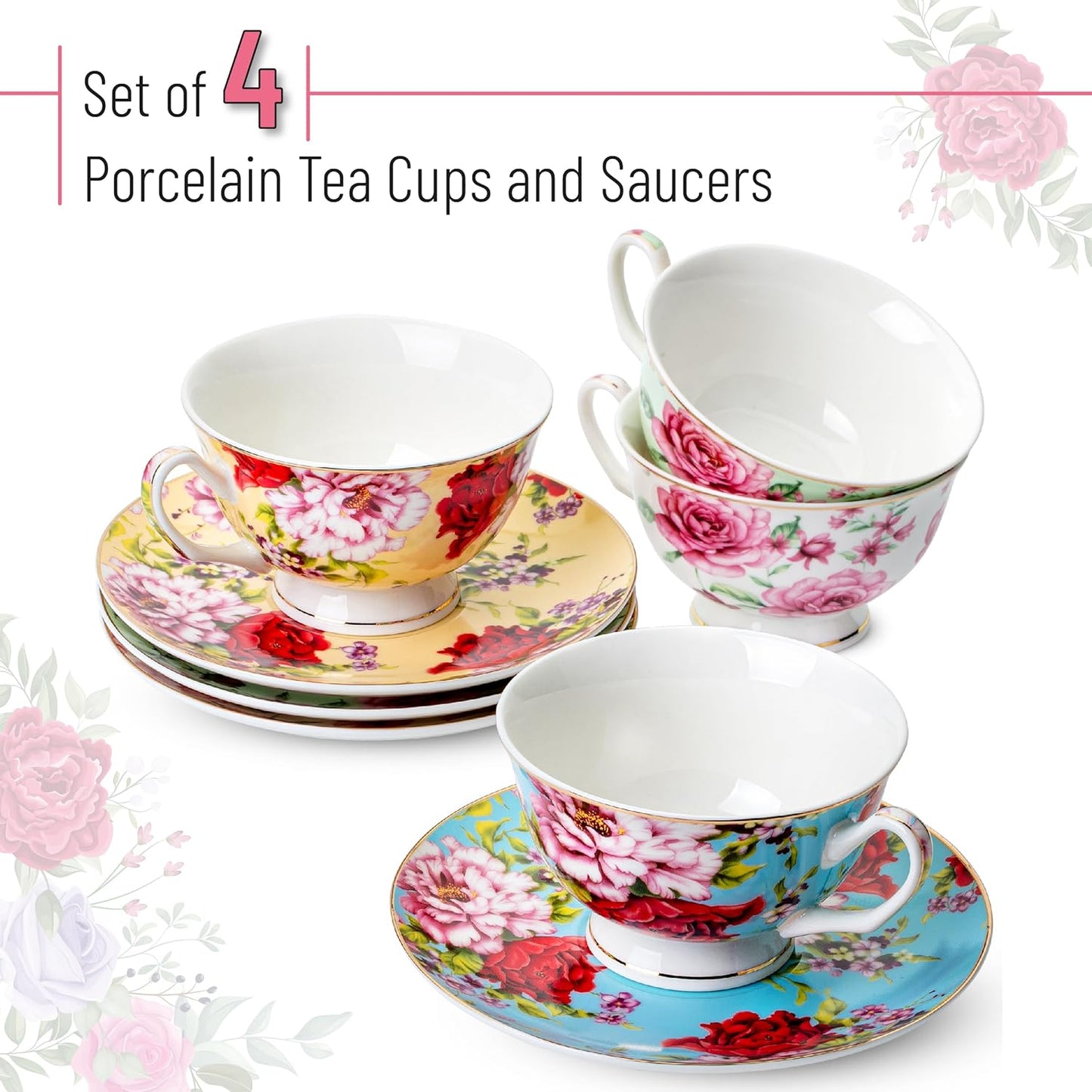 BTaT- Floral Tea Cups and Saucers with Gift Box, 8 oz, Tea Cups Set of 4