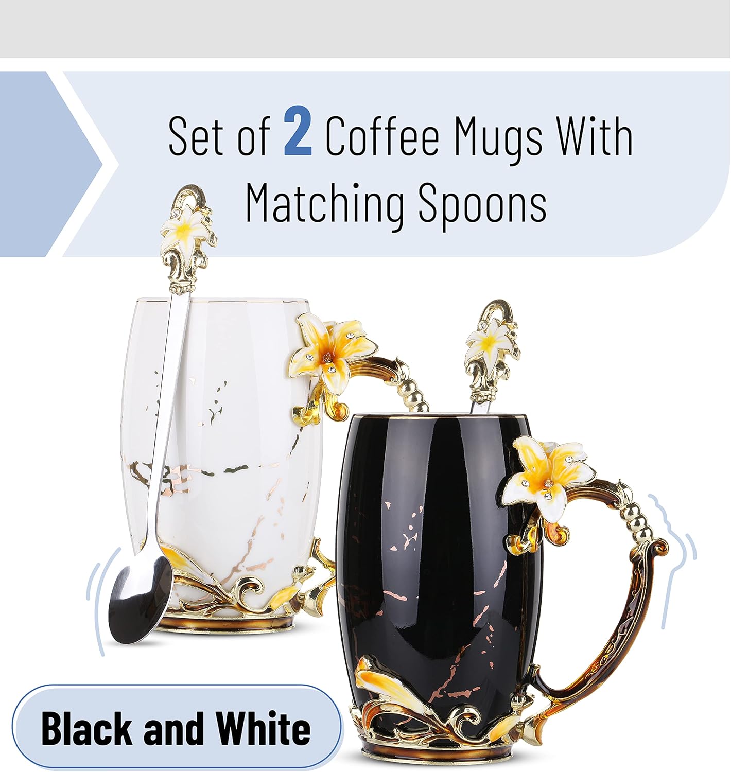 BTaT- Floral Ceramic Mugs with Spoon, Set of 2, Black & White