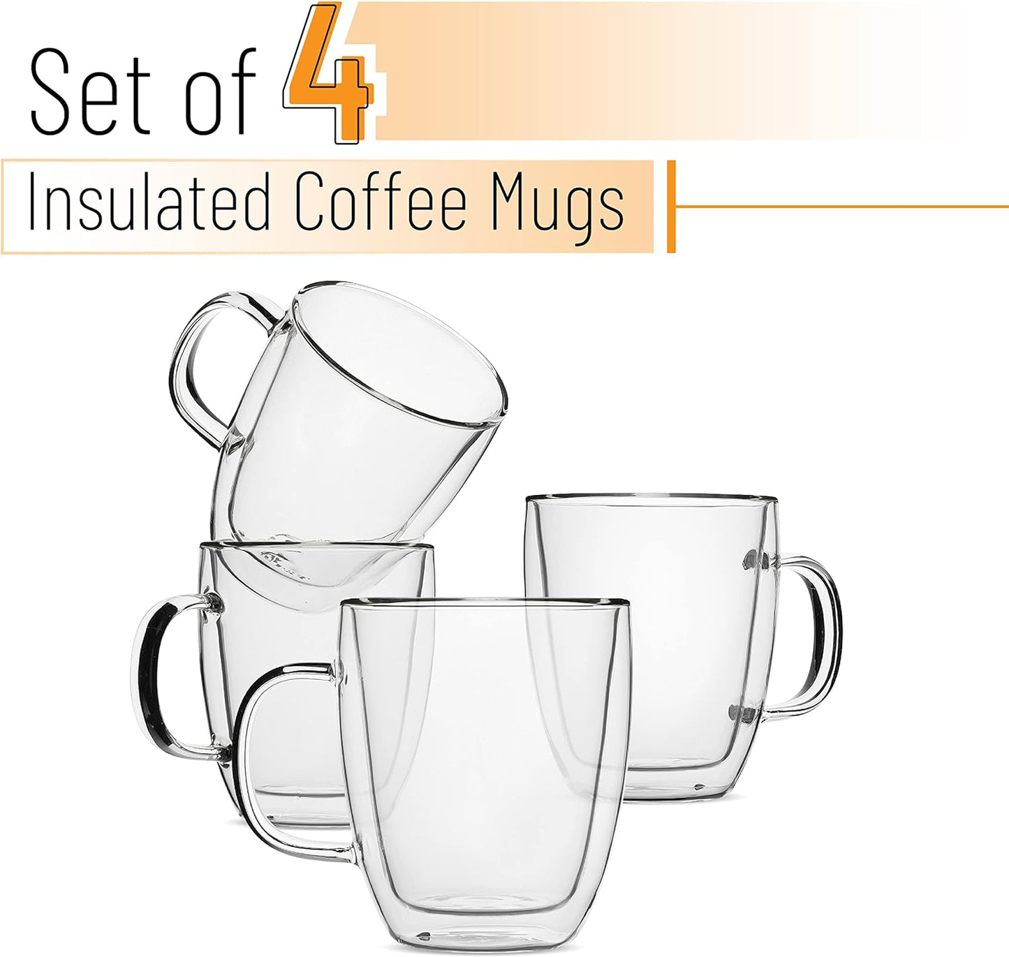BTaT- Double Wall Glass Coffee Mugs, 16 oz, Set of 4, Double Glass Coffee Cups