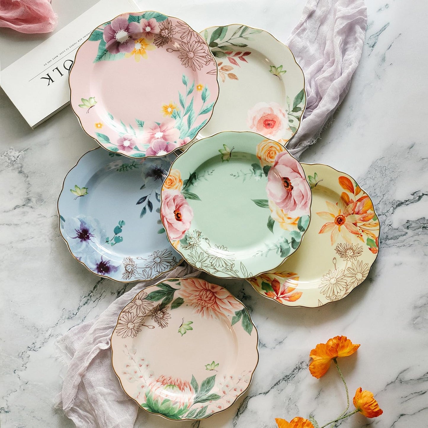 BTaT- Porcelain Floral Plates, 8 inch, Set of 6, Royal Dessert Plates, Appetizer Plates