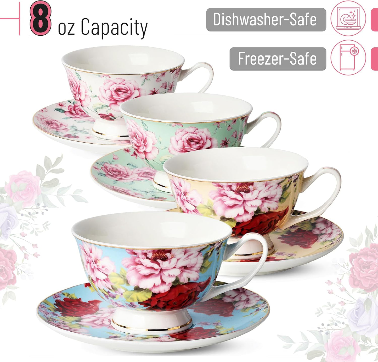 BTaT- Floral Tea Cups and Saucers with Gift Box, 8 oz, Tea Cups Set of 4