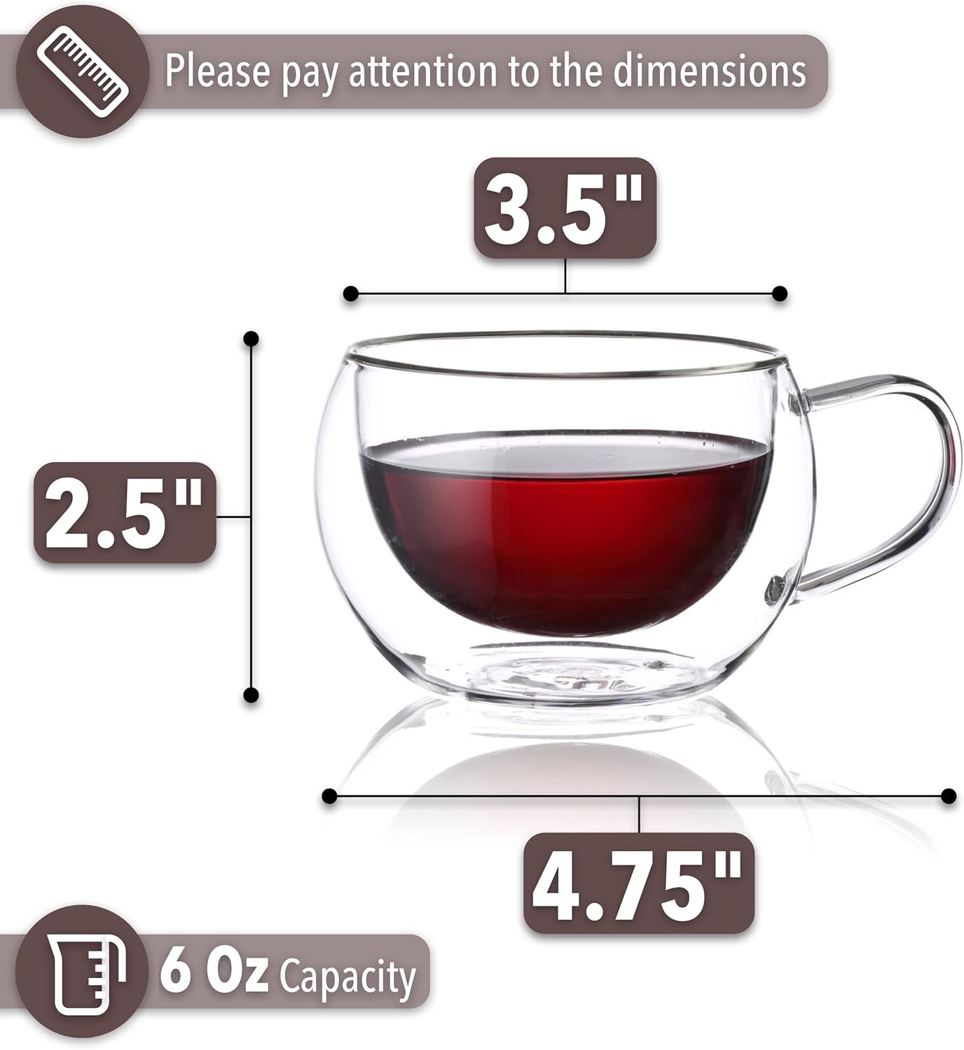 BTaT- Insulated Espresso Cups, Glass Tea Cups, Set of 4 (6 oz, 180 ml), Glass Coffee Mugs