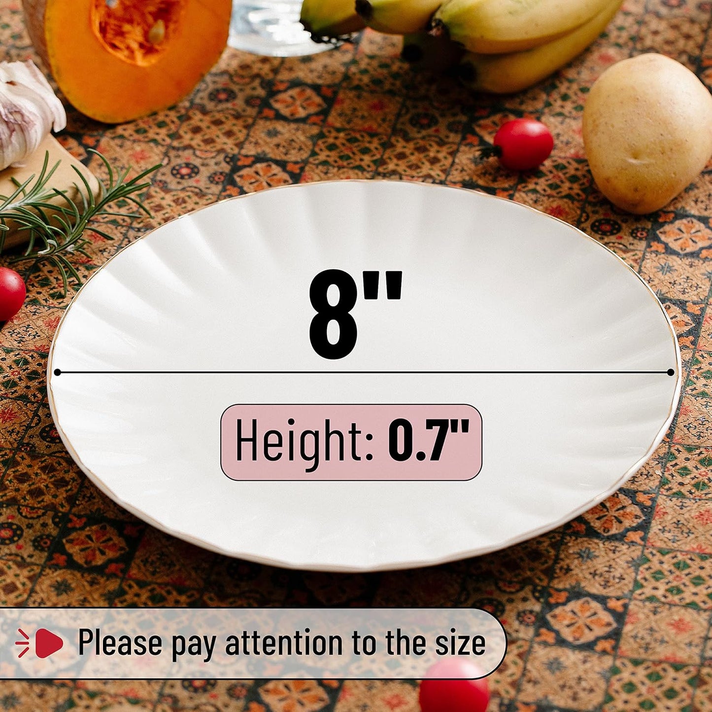 BTaT- White Dessert Plates, Set of 6, 8 inch, White Porcelain with Gold Trim, Small Plate