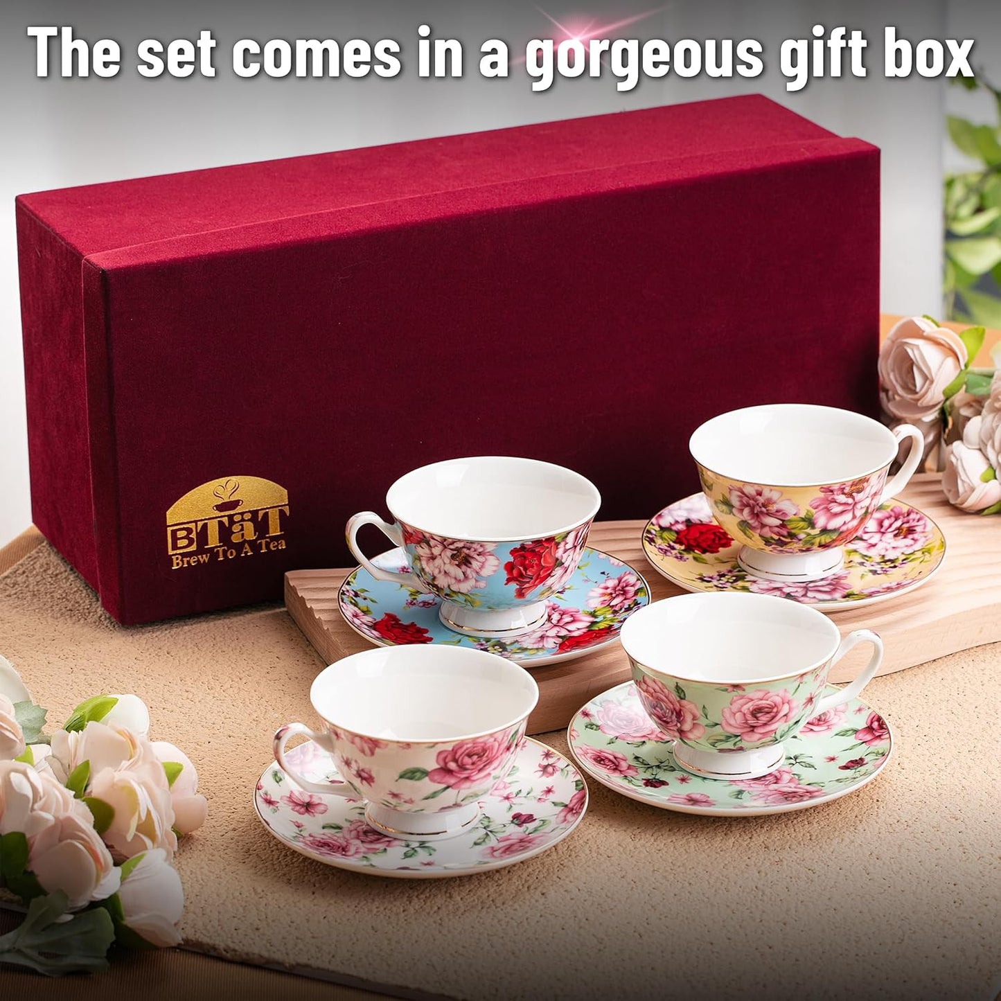 BTaT- Floral Tea Cups and Saucers with Gift Box, 8 oz, Tea Cups Set of 4