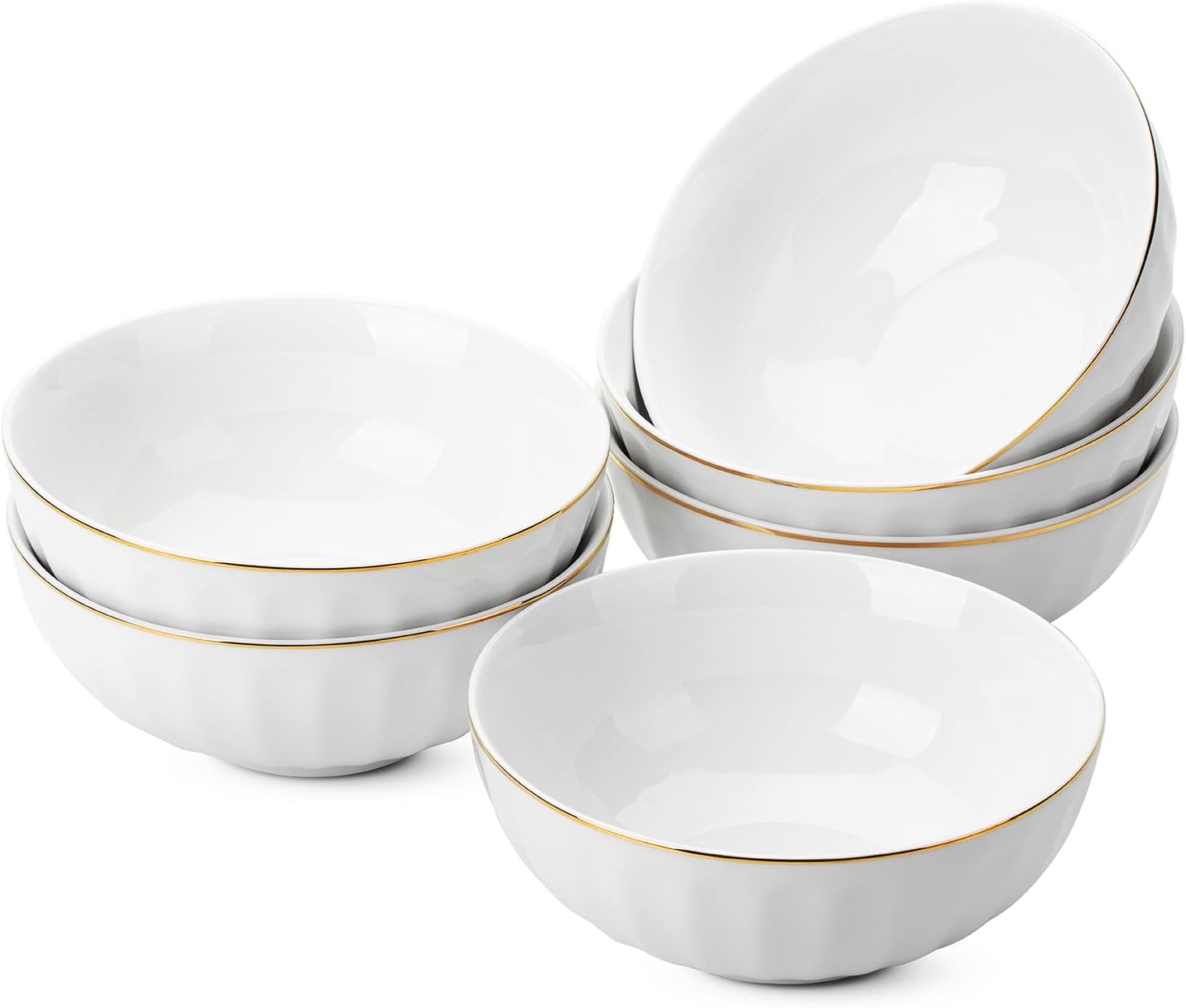 BTaT- White Porcelain Bowls with Gold Trim, 16 OZ, Set of 6, White