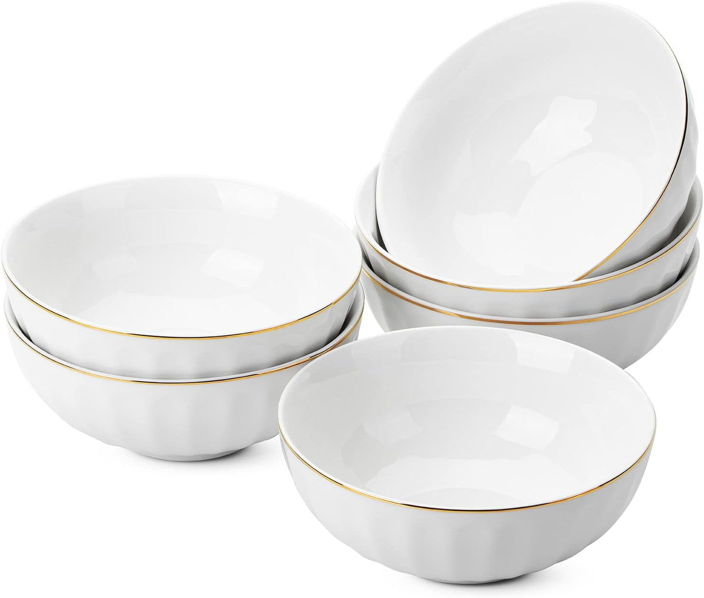 BTaT- White Porcelain Bowls with Gold Trim, 16 OZ, Set of 6, White Bowls Set of 6