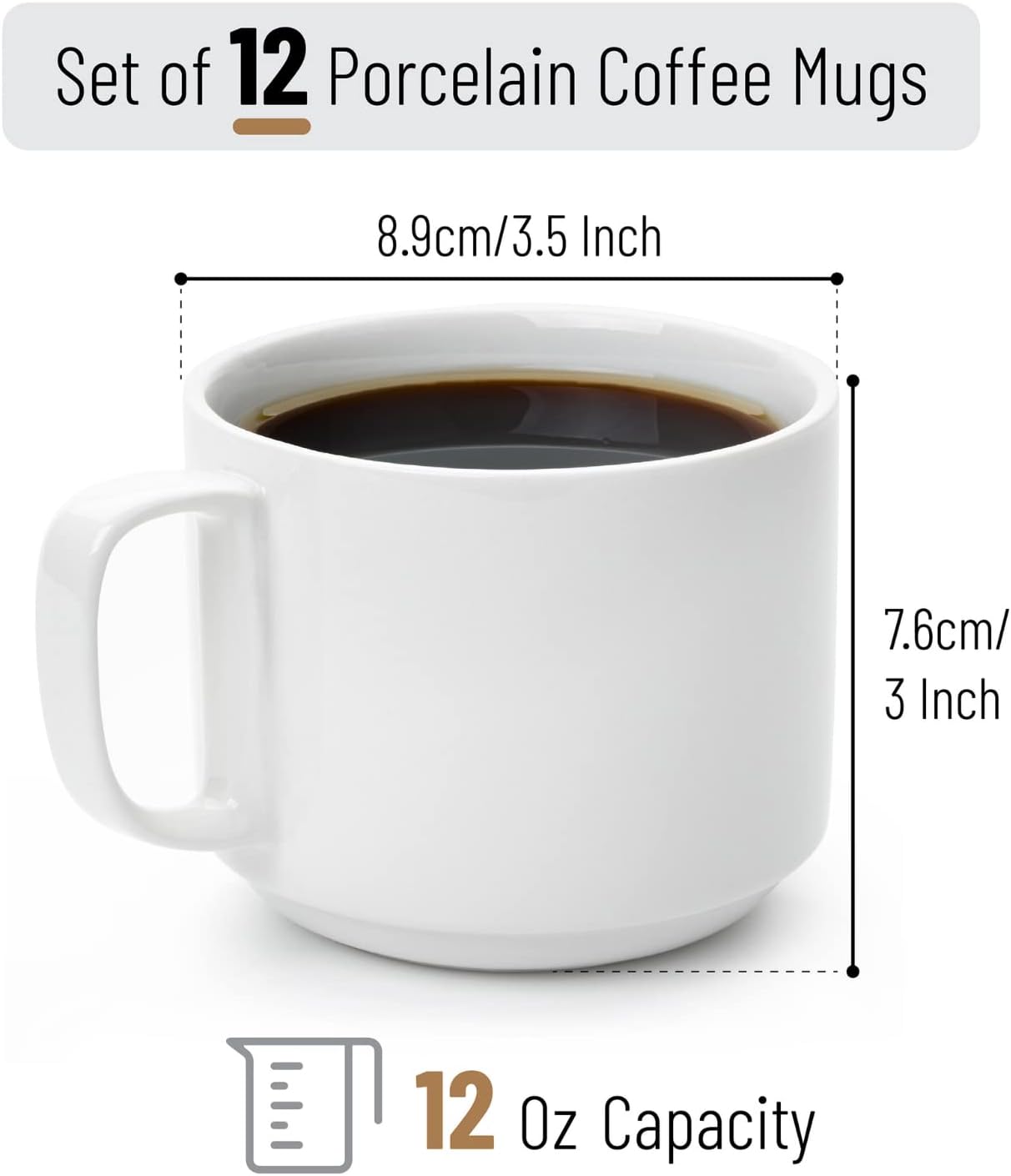 BTaT- Stackable Coffee Mugs, White, 12 Pack, 12 Oz (350 ml), Porcelain Coffee Mugs