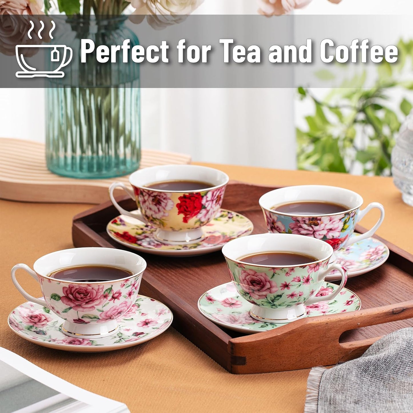 BTaT- Floral Tea Cups and Saucers with Gift Box, 8 oz, Tea Cups Set of 4