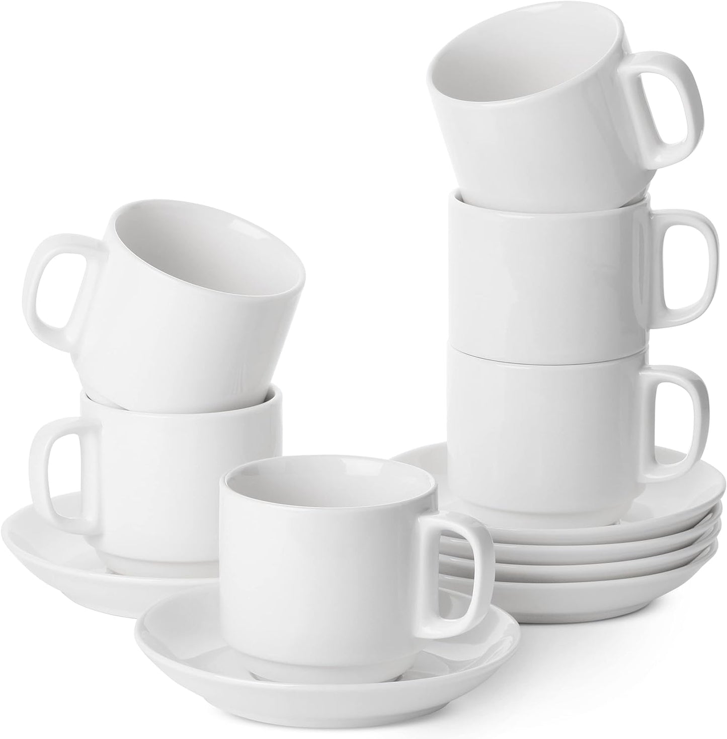 BTaT- Stackable Tea Cups and Saucers, White, Set of 6 (8 oz), Cappuccino Cups