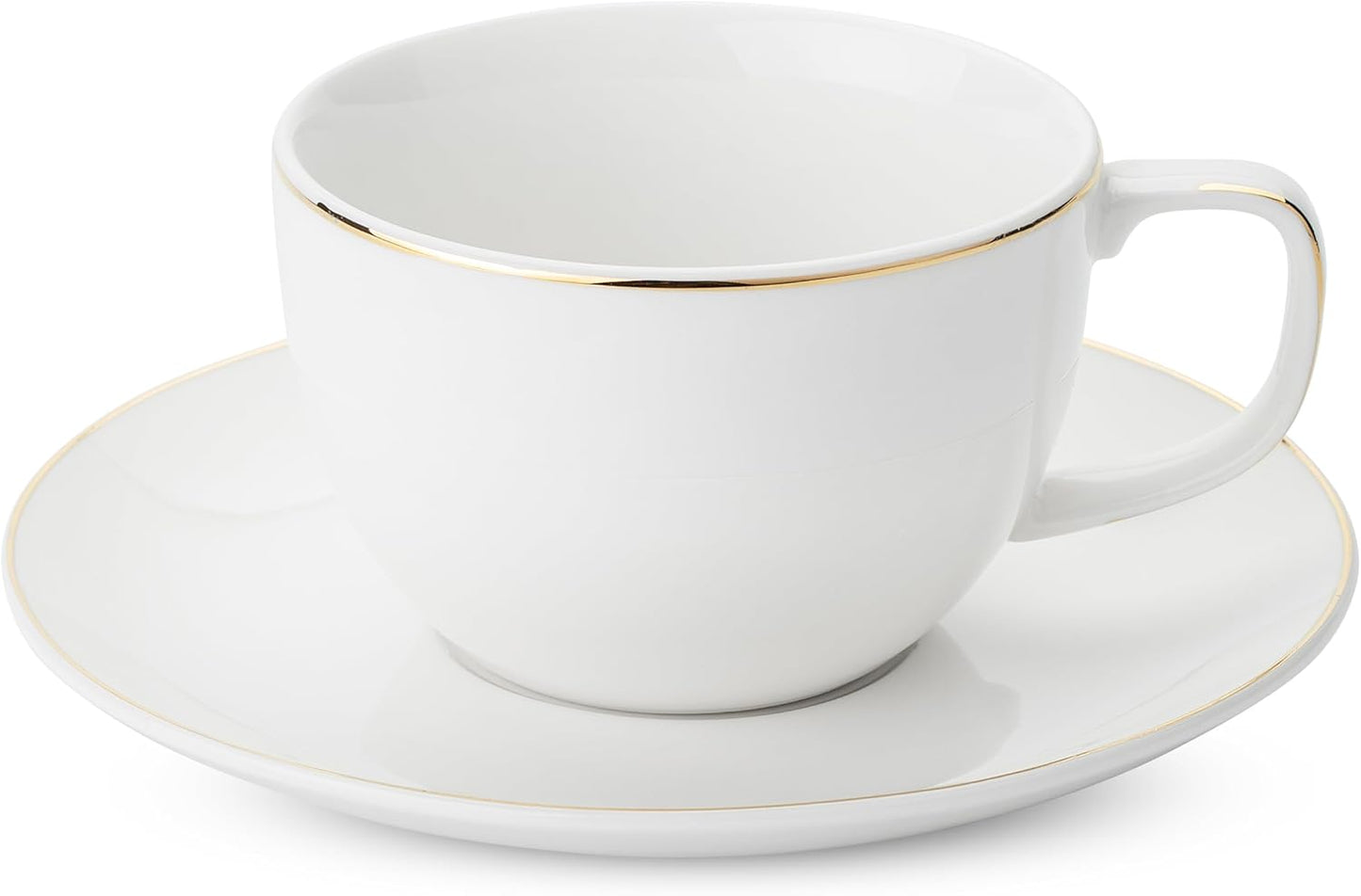 BTaT- White Tea Cups and Saucers, 6oz, Tea Cups Set of 6 with Gold Trim, Porcelain Tea Cups