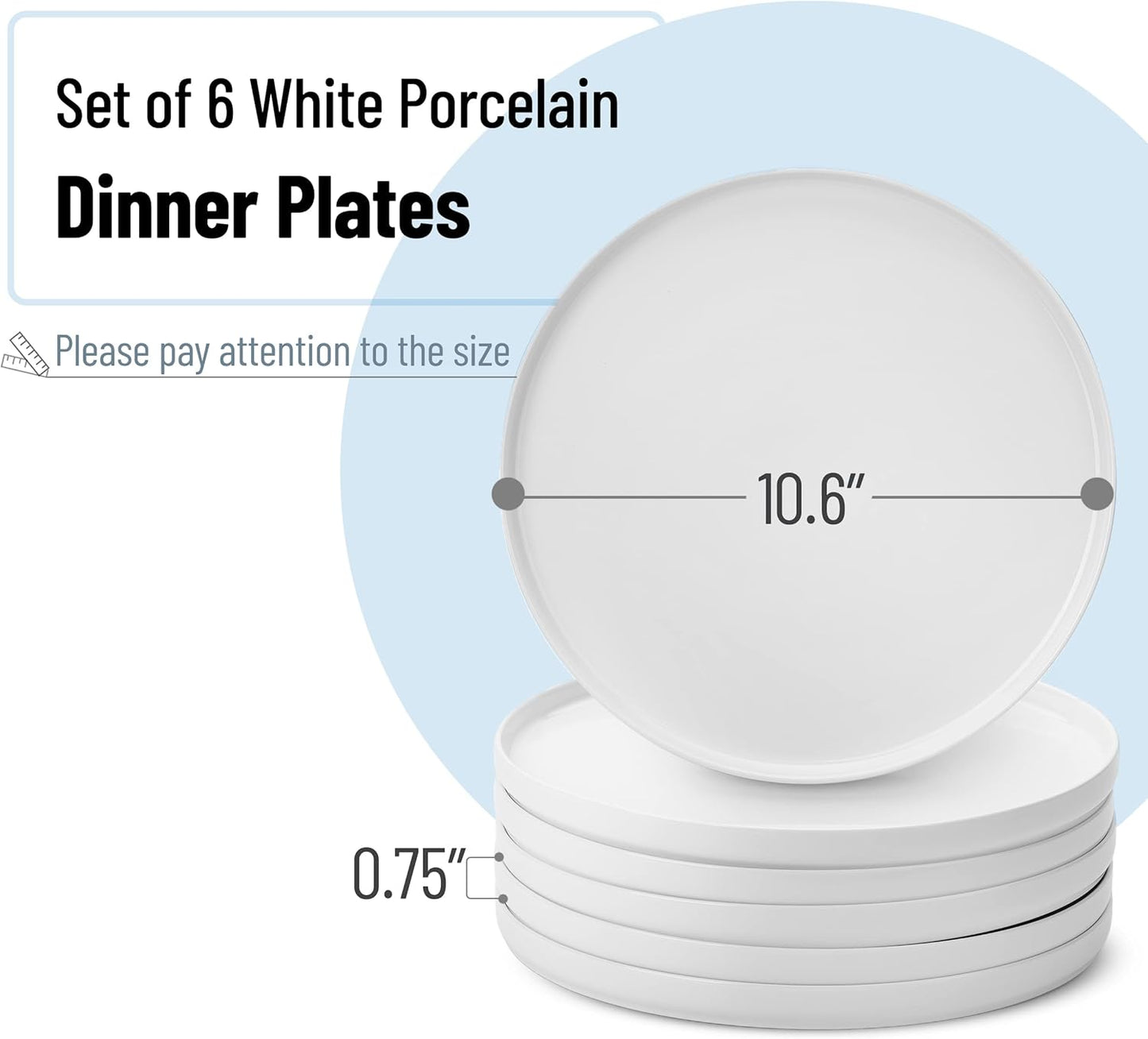 BTaT- White Dinner Plates, Set of 6, 10.6 inch, White Porcelain, White Plate Set
