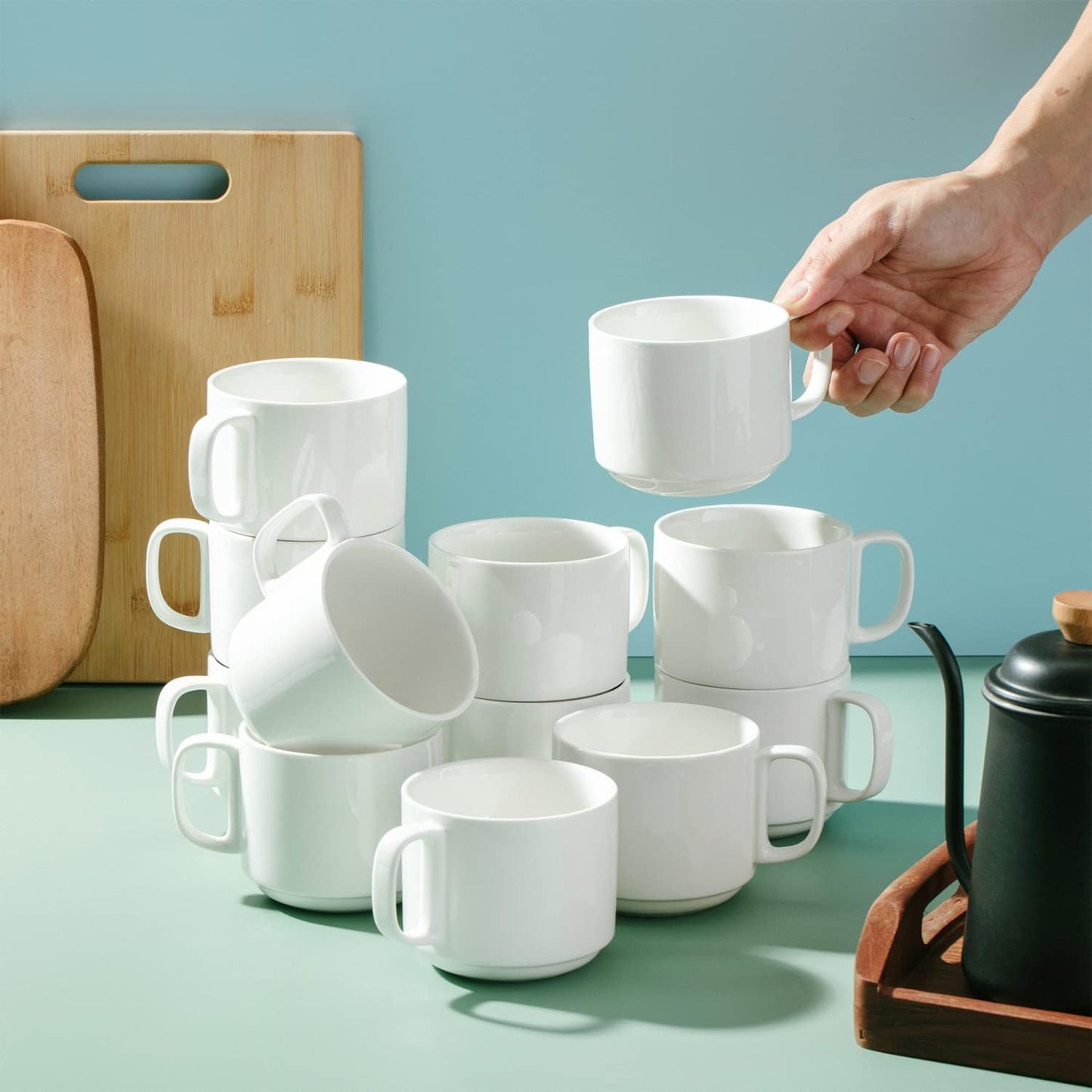 BTaT- Stackable Coffee Mugs, White, 12 Pack, 12 Oz (350 ml), Porcelain Coffee Mugs