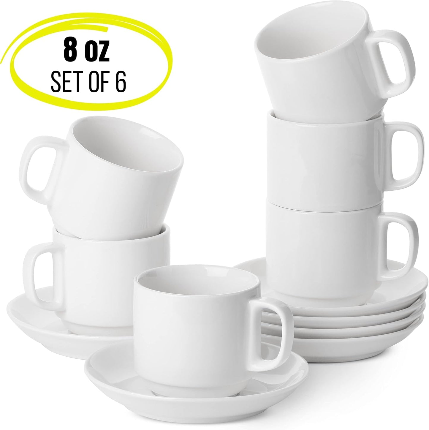 BTaT- Stackable Tea Cups and Saucers, White, Set of 6 (8 oz), Cappuccino Cups