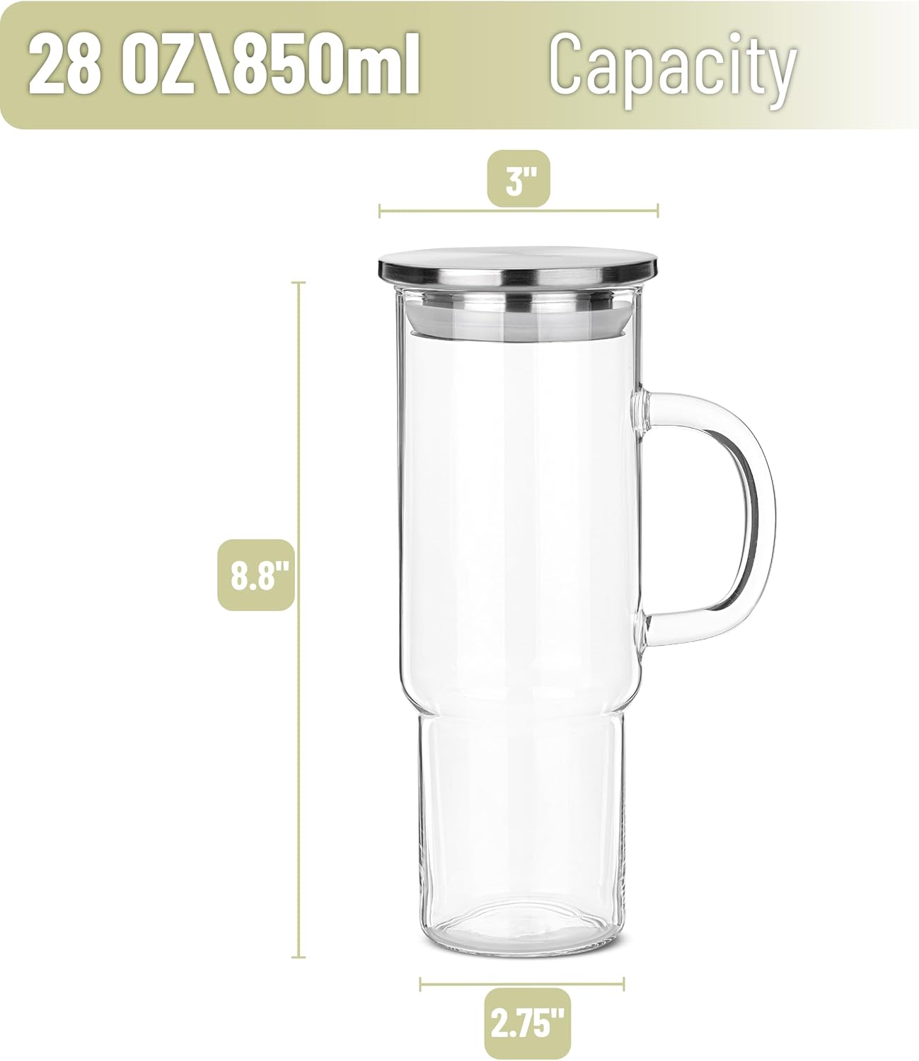 BTaT- Glass Cup with Lid, 28 oz, Drinking Glasses with Stainless Steel Lid, Glass Coffee Tumbler, Glass Iced Coffee Cups with Lids Reusable