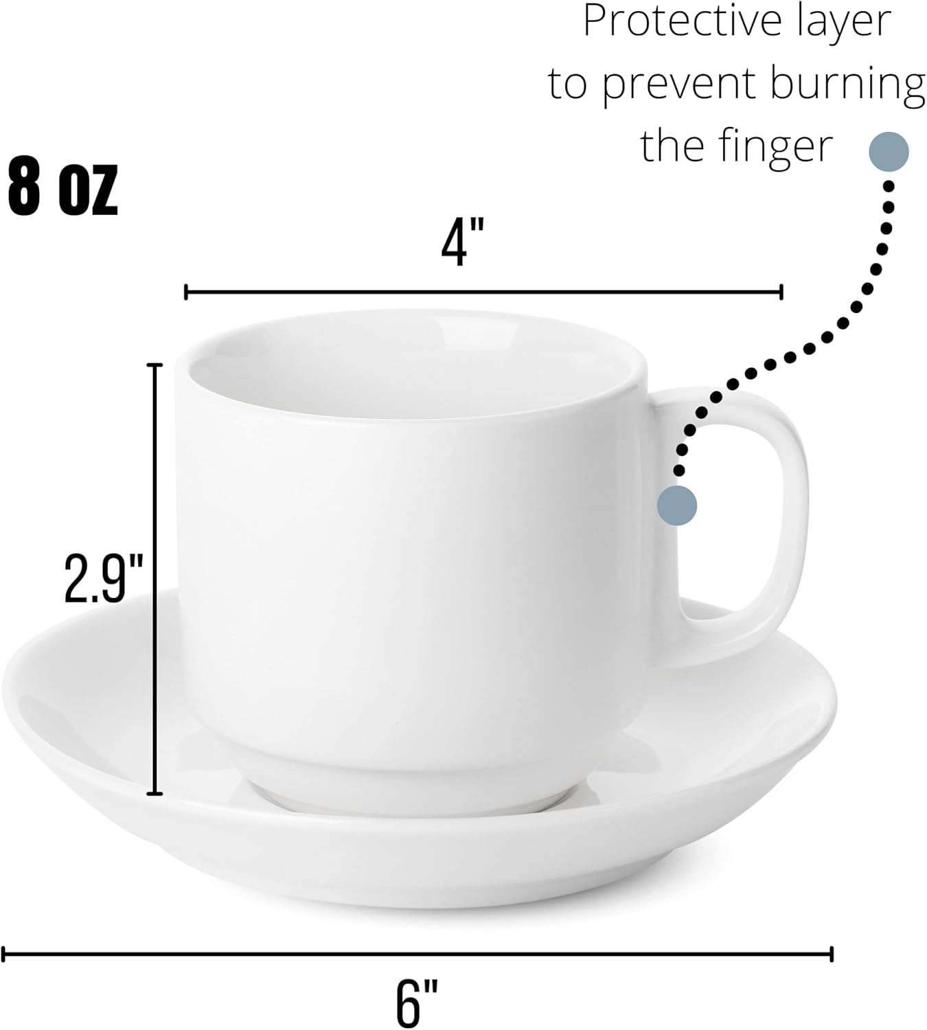 BTaT- Stackable Tea Cups and Saucers, White, Set of 6 (8 oz), Cappuccino Cups