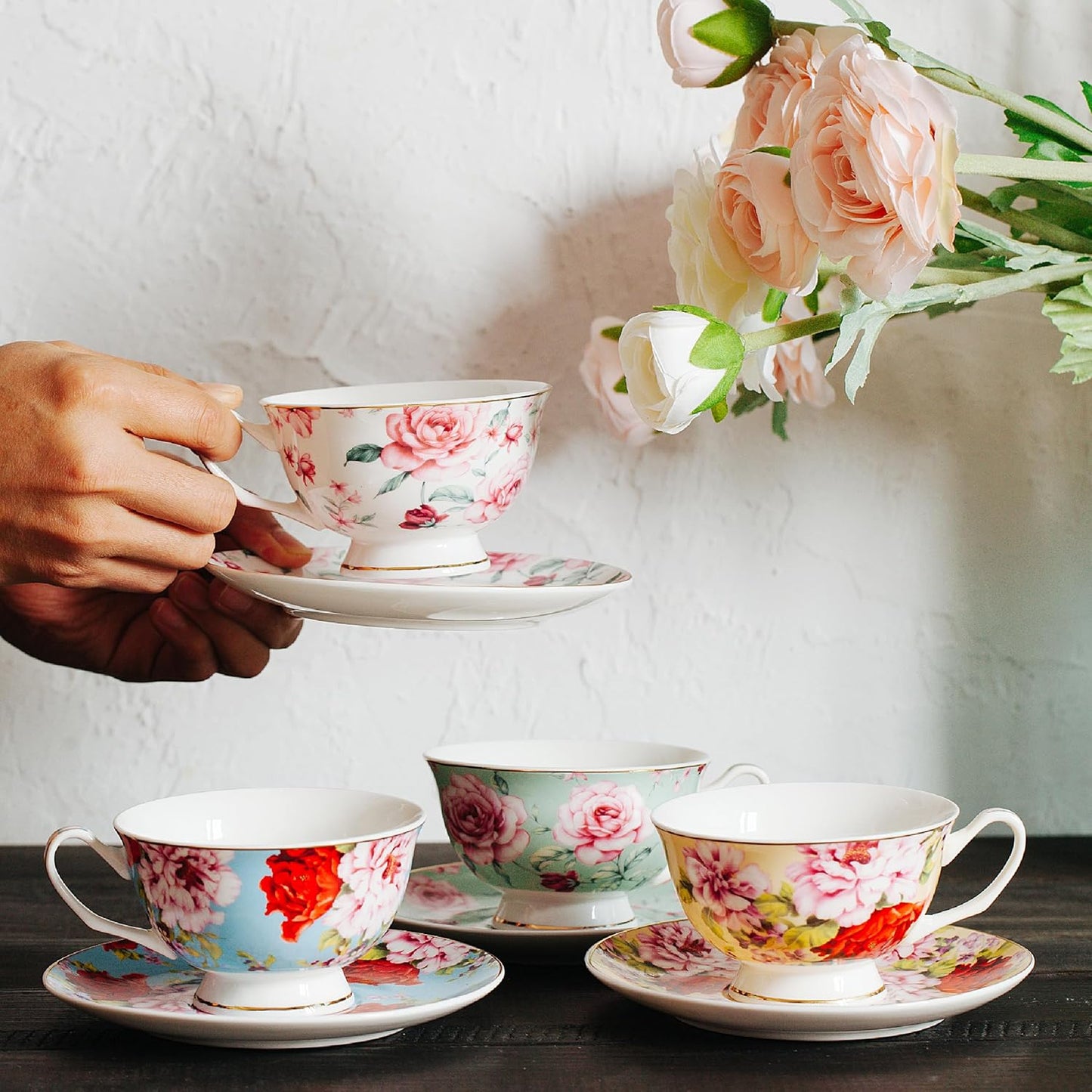 BTaT- Floral Tea Cups and Saucers with Gift Box, 8 oz, Tea Cups Set of 4