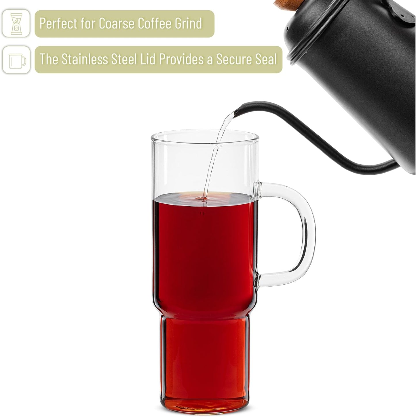 BTaT- Glass Cup with Lid, 28 oz, Drinking Glasses with Stainless Steel Lid, Glass Coffee Tumbler, Glass Iced Coffee Cups with Lids Reusable