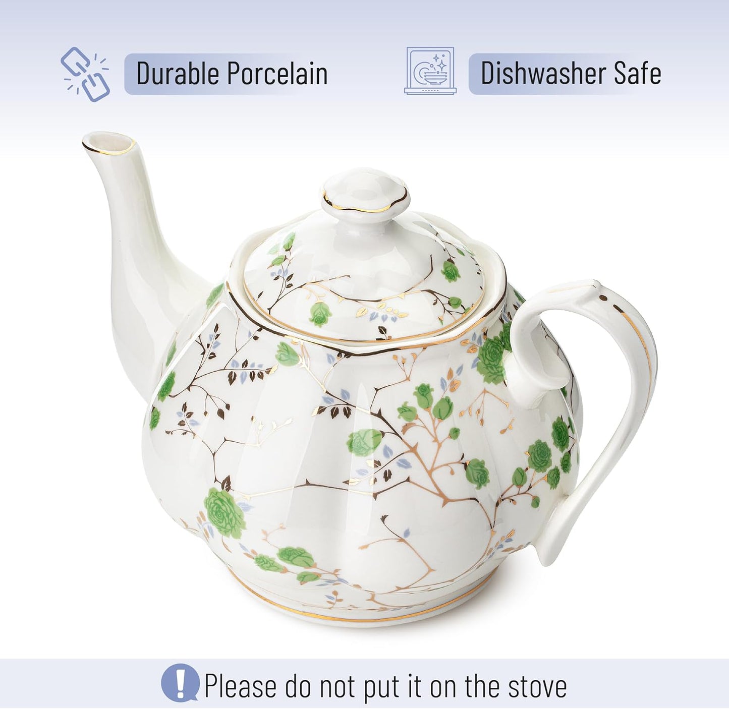 BTaT- Floral Tea Pot, Porcelain Teapot, 38 oz, Floral Teapot, Bone China Teapot for Tea Set