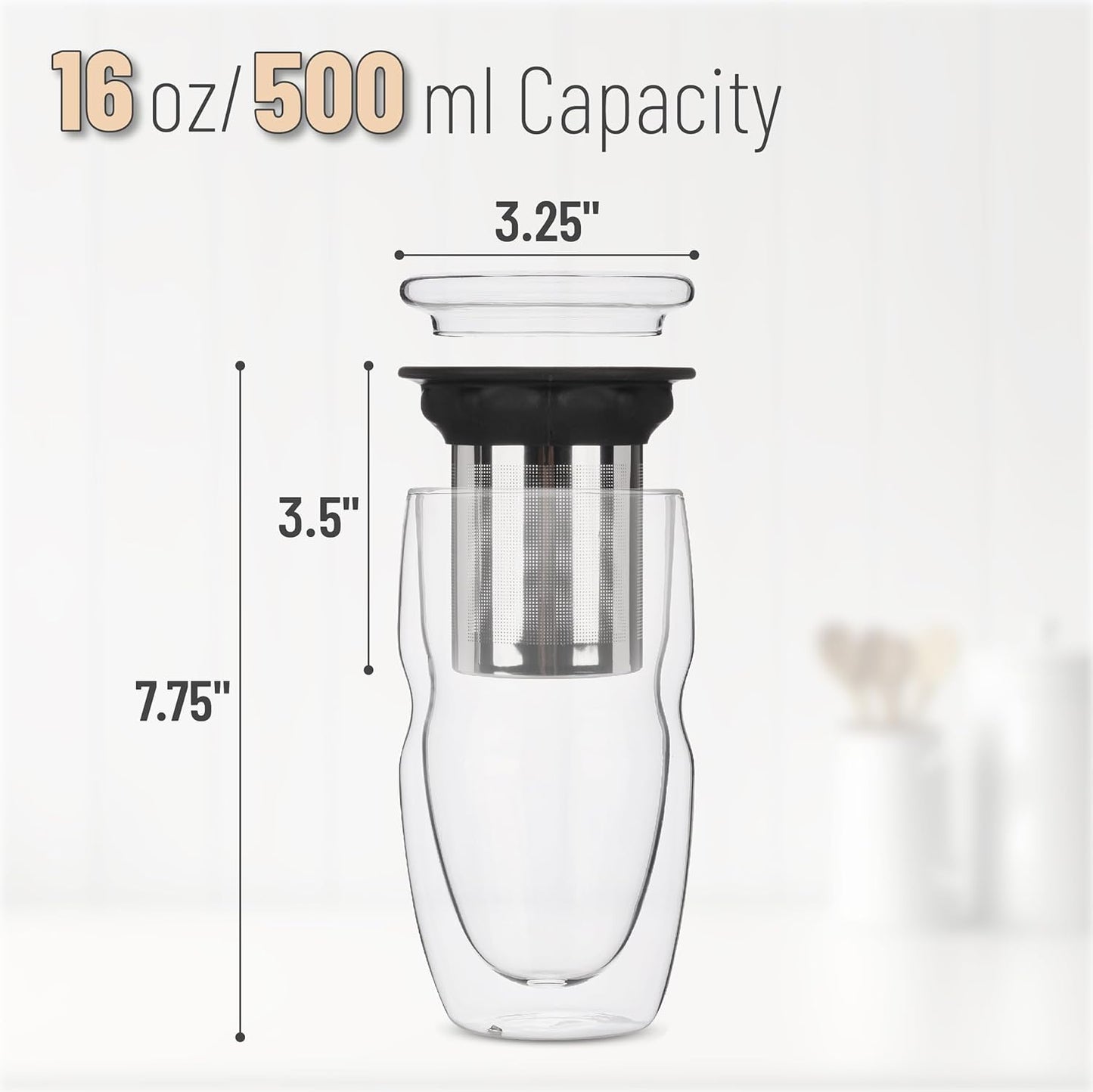 BTaT- Double Wall Glass Tea Cup With Stainless Steel Infuser, 2 Pack, 16oz