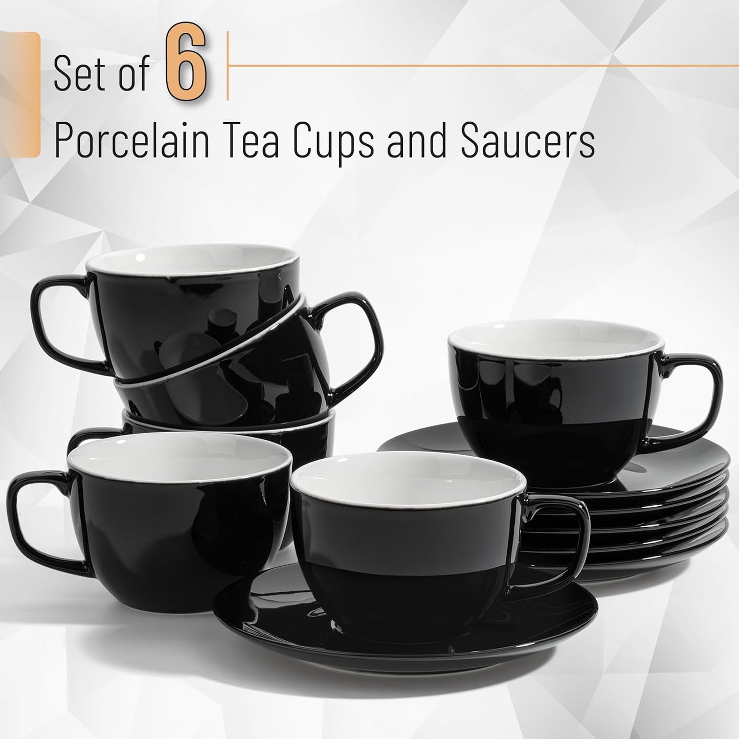 BTaT- Tea Cups and Saucers, 6oz, Tea Cups Set of 6, Porcelain Tea Cups, Black Cup & Saucer Sets