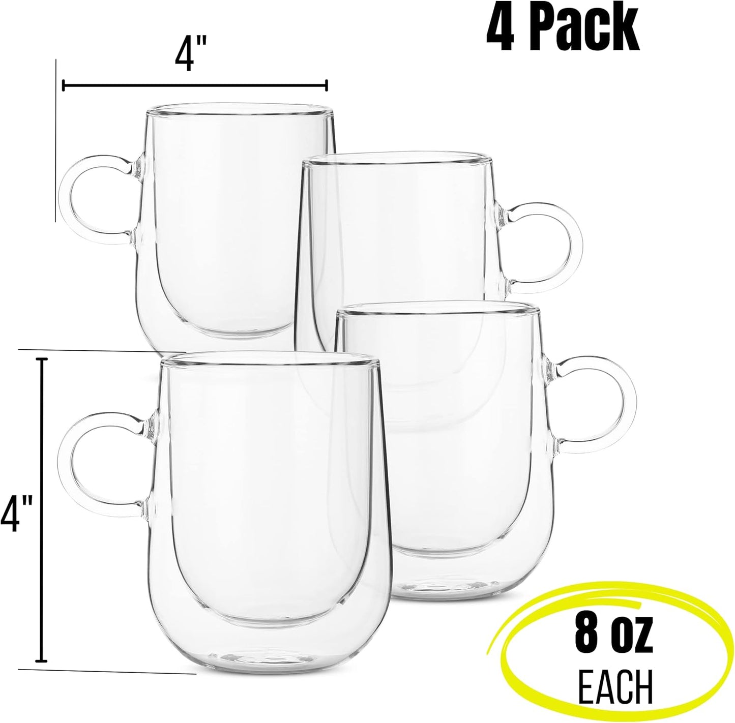 BTaT- Double Wall Glass Coffee Mugs, 8 oz (240ml), Set of 4, Double Glass Coffee Cups