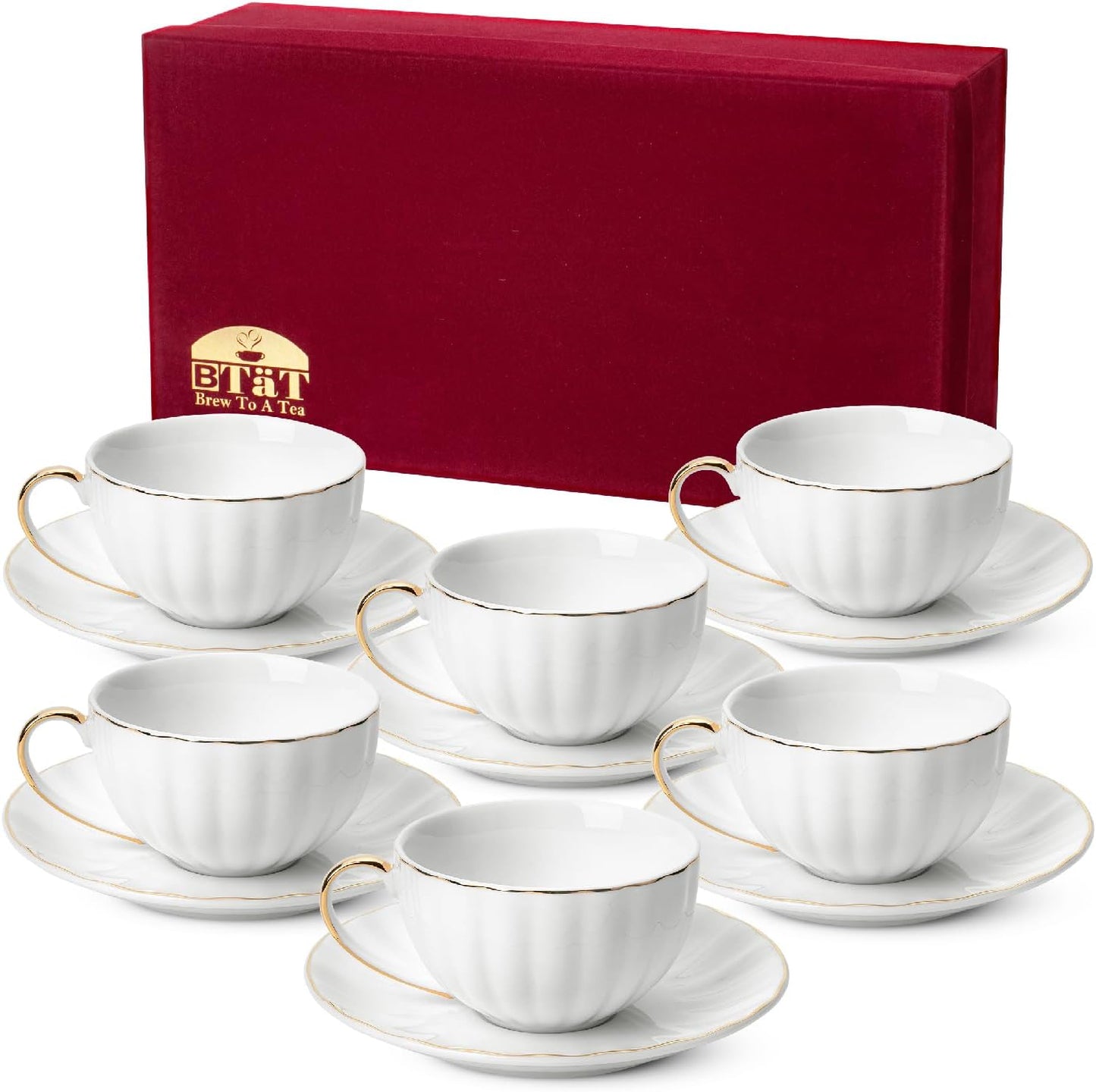 BTaT- White Tea Cups and Saucers with Gift Box, 7oz, Set of 6 Tea Cups Set of 6 with Gold Rim