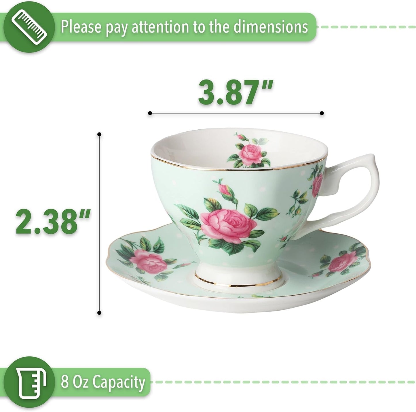 BTaT- Floral Tea Cups and Saucers, Set of 2, 8oz, with Gold Trim and Gift Box