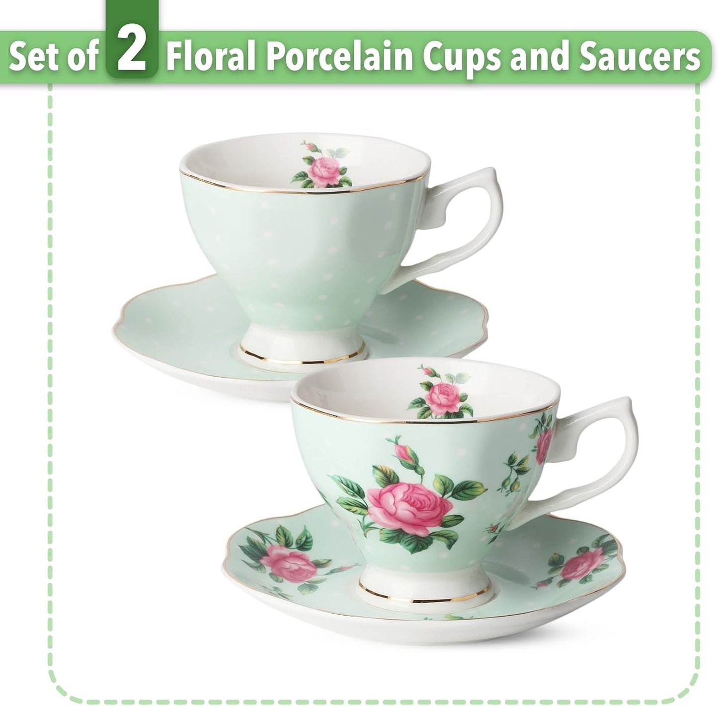 BTaT- Floral Tea Cups and Saucers, Set of 2, 8oz, with Gold Trim and Gift Box