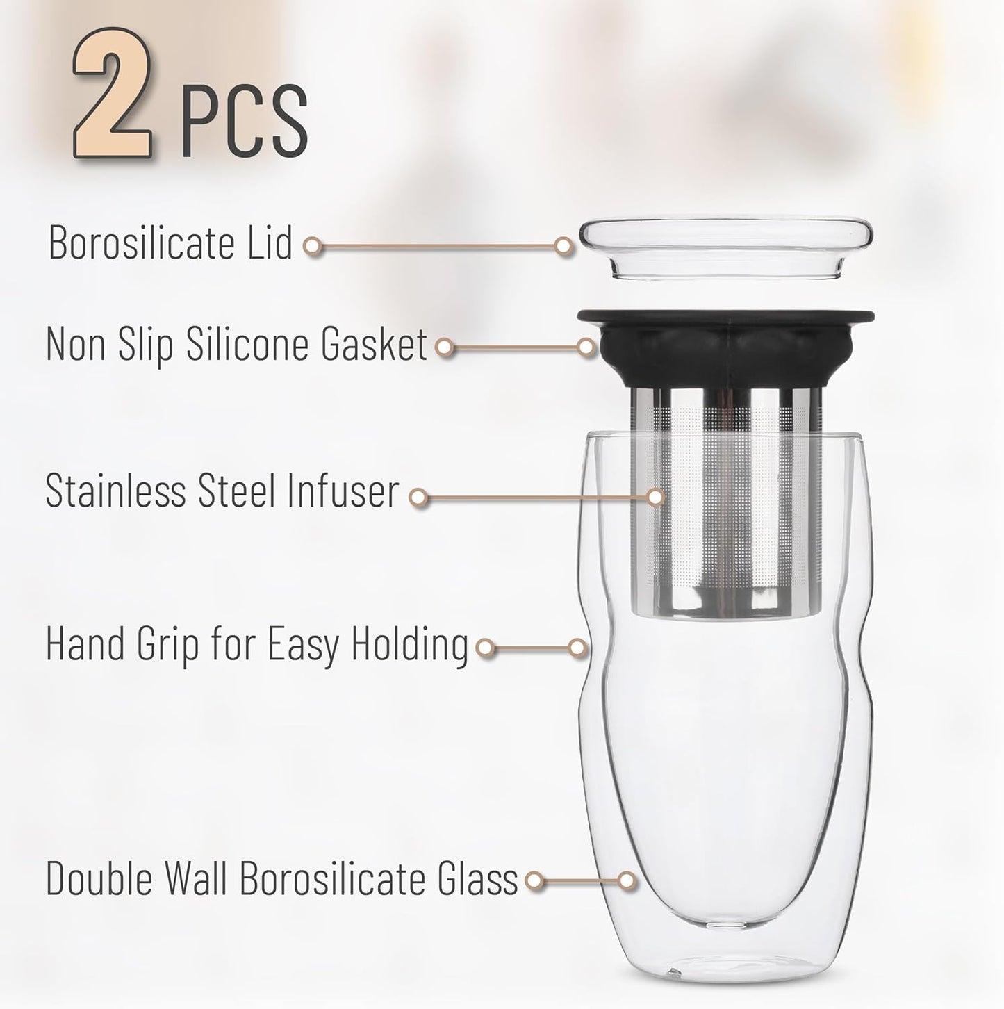 BTaT- Double Wall Glass Tea Cup With Stainless Steel Infuser, 2 Pack, 16oz