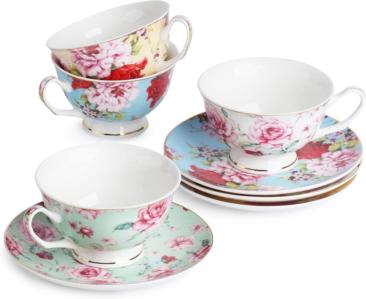 BTaT- Floral Tea Cups and Saucers, Set of 4 (8oz) with Gold Trim and Gift Box, Cappuccino Cups, Latte Cups