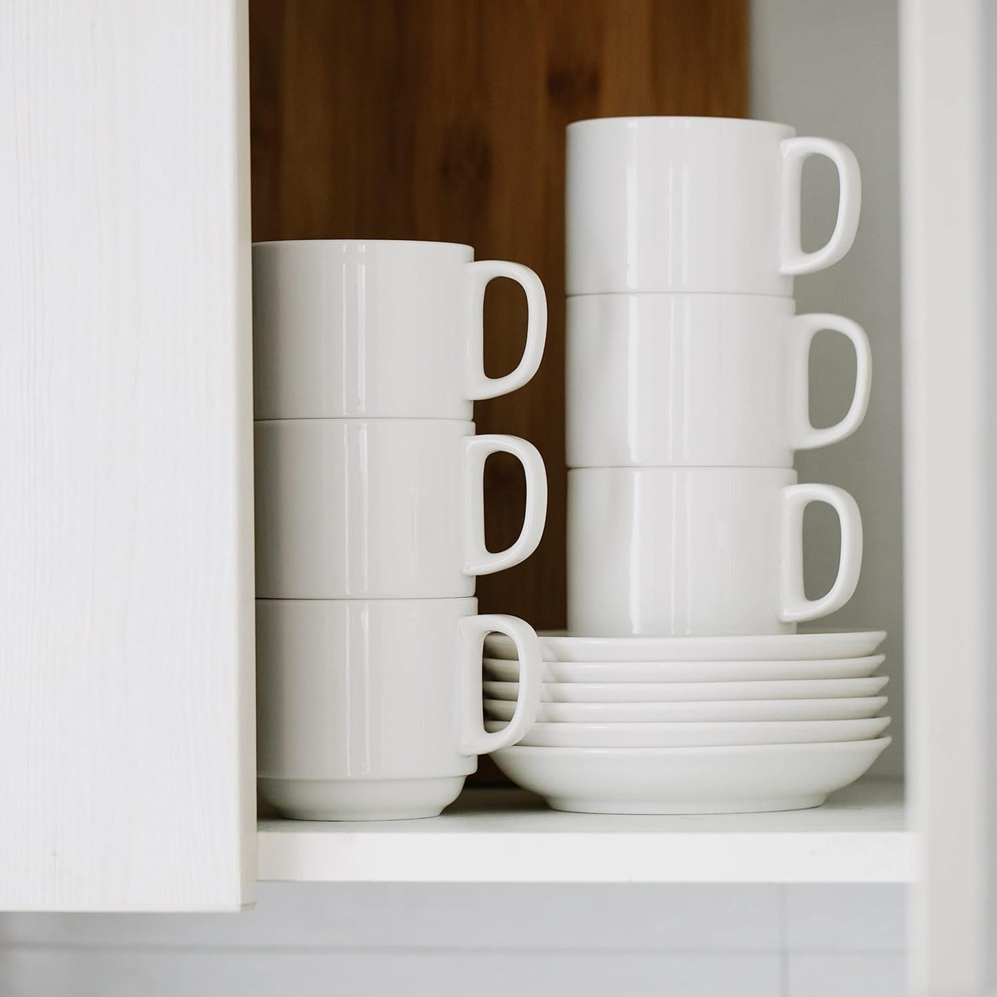 BTaT- Stackable Tea Cups and Saucers, White, Set of 6 (8 oz), Cappuccino Cups