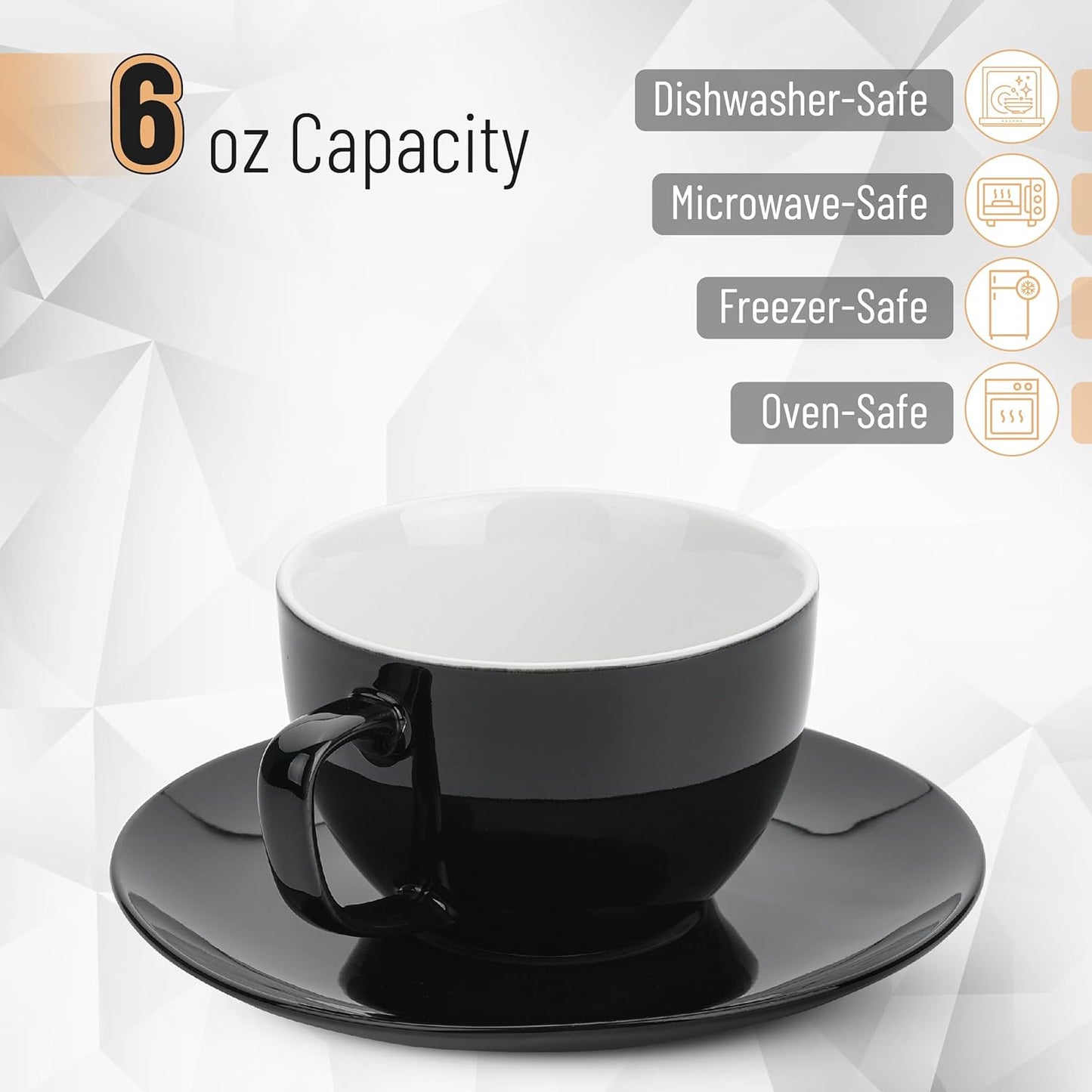 BTaT- Tea Cups and Saucers, 6oz, Tea Cups Set of 6, Porcelain Tea Cups, Black Cup & Saucer Sets