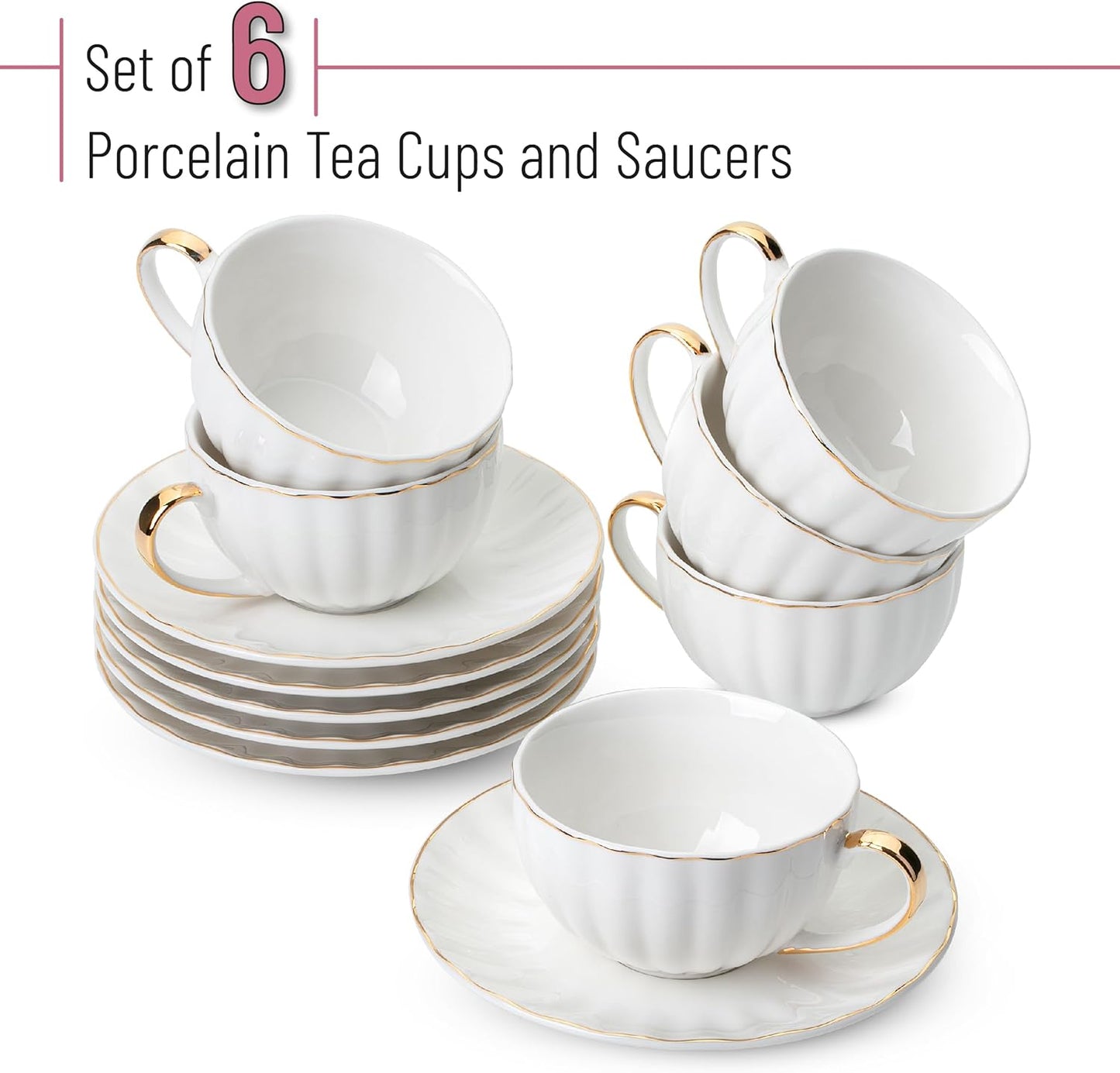 BTaT- White Tea Cups and Saucers with Gift Box, 7oz, Set of 6 Tea Cups Set of 6 with Gold Rim