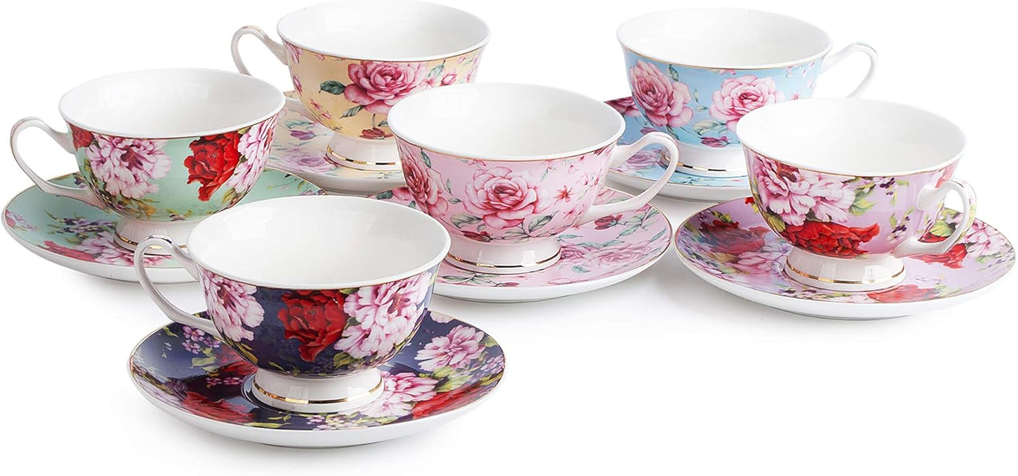 BTaT- Tea Cups, Tea Cups and Saucers Set of 6, Tea Set, Floral Tea Cups (8oz)