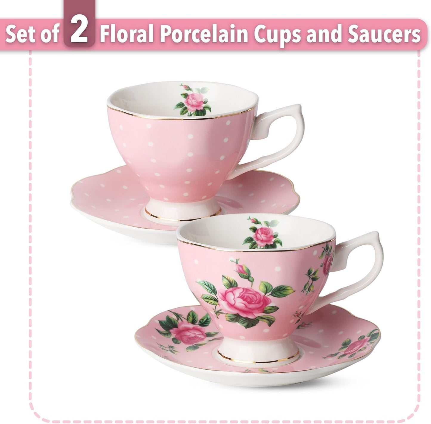 BTaT- Floral Tea Cups and Saucers, Set of 2, 8oz, with Gold Trim and Gift Box
