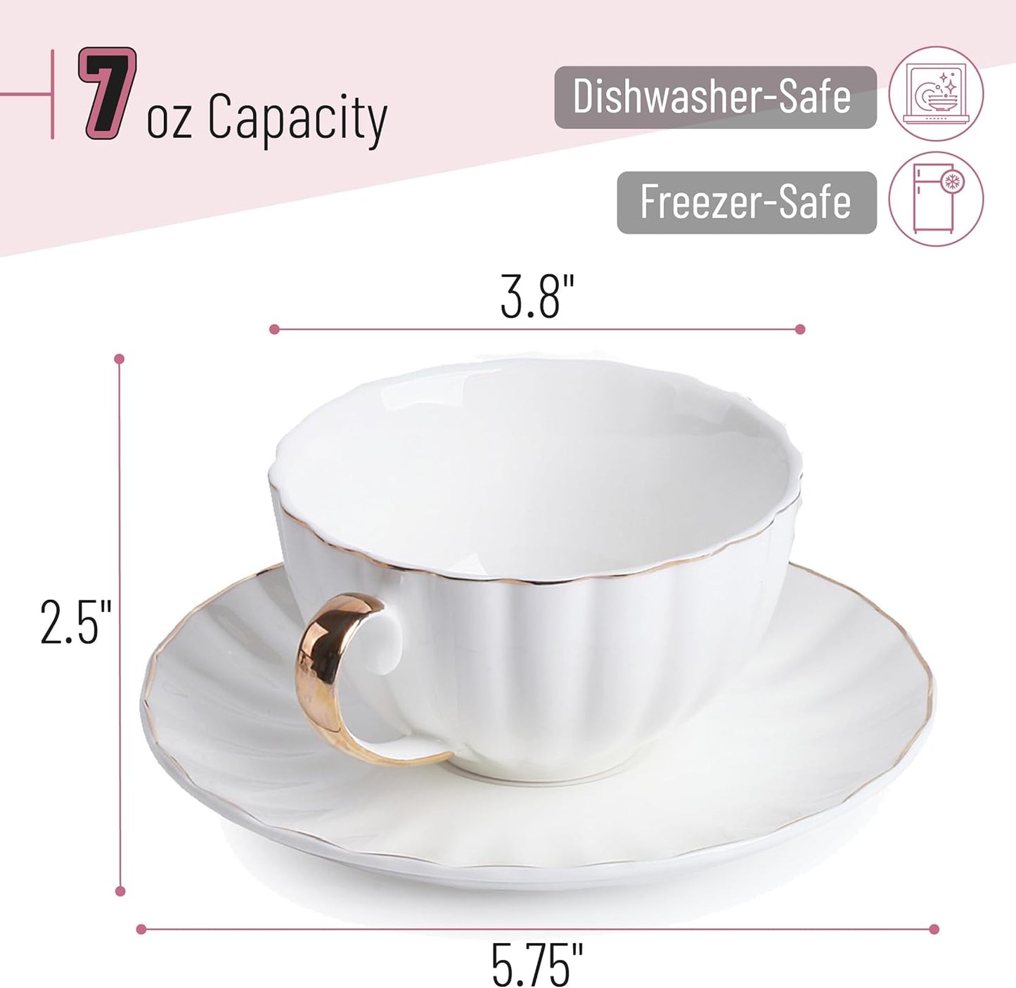 BTaT- White Tea Cups and Saucers with Gift Box, 7oz, Set of 6 Tea Cups Set of 6 with Gold Rim