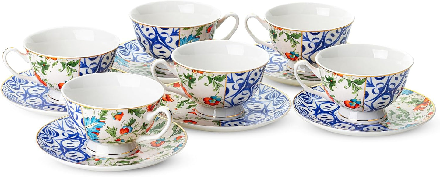 BTaT- Floral Tea Cups and Saucers, 8 oz, Tea Cups Set of 6, Porcelain Tea Cups, Cup & Saucer Sets, Tea Cup Set of 6, Tea Cup Sets for Adults