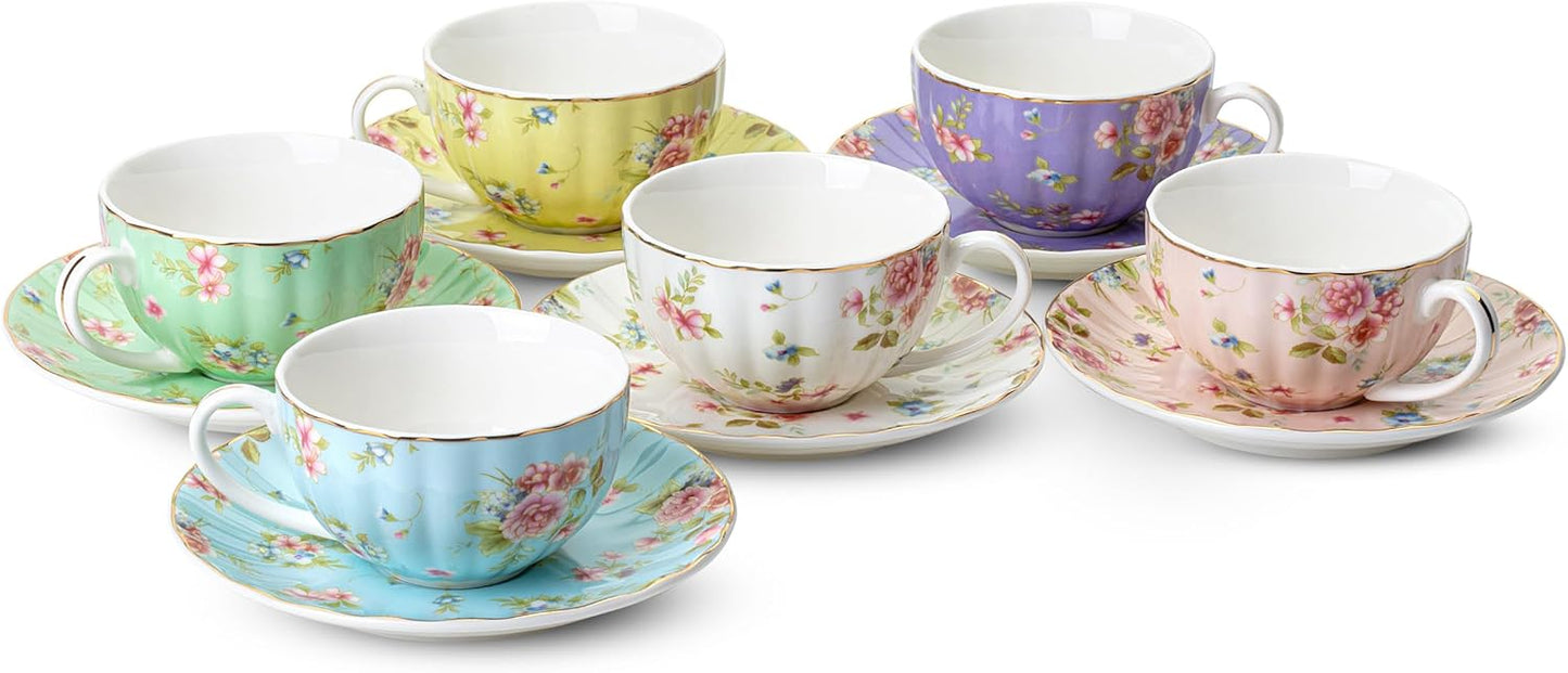 BTaT- Tea Cups and Saucers Set of 6, Tea Set, Floral Tea Cups (7oz), Porcelain Tea Cups for Tea Party