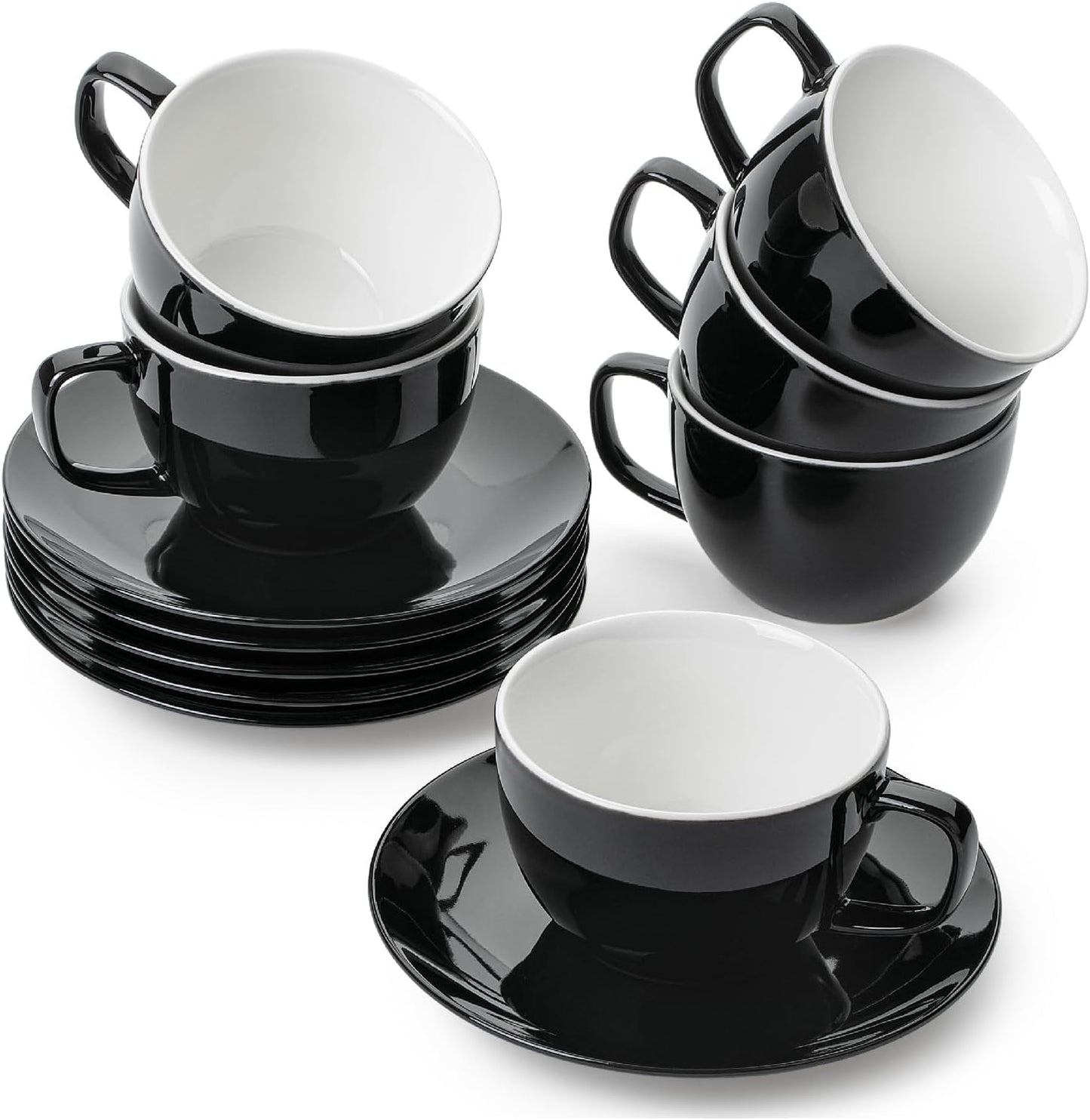 BTaT- Tea Cups and Saucers, 6oz, Tea Cups Set of 6, Porcelain Tea Cups, Black Cup & Saucer Sets
