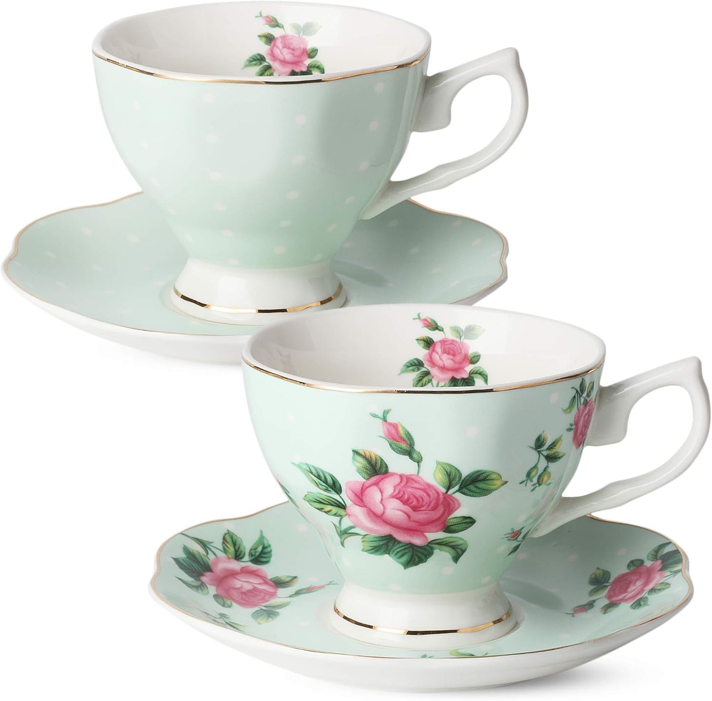 BTaT- Floral Tea Cups and Saucers, Set of 2, 8oz, with Gold Trim and Gift Box