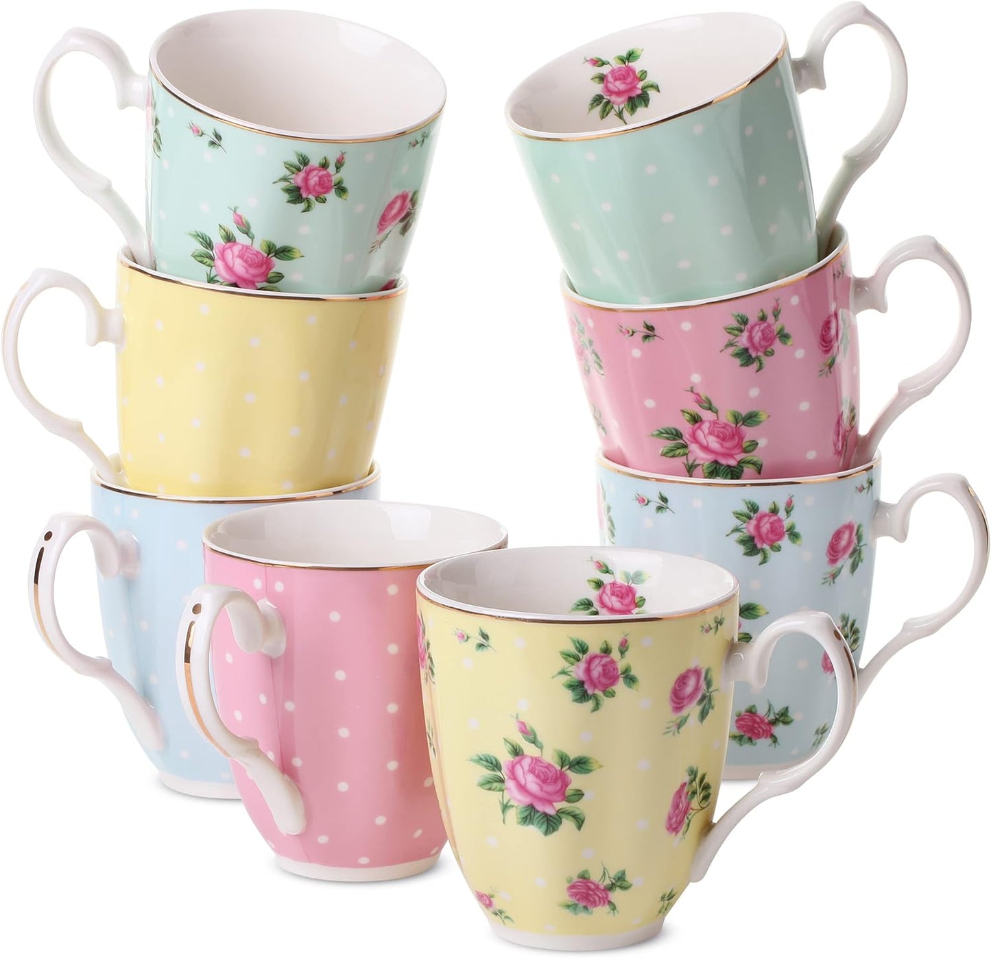 BTaT- Royal Coffee Mugs, 12 oz, Set of 8, Floral Mugs, Porcelain Bone China, Tea Mug