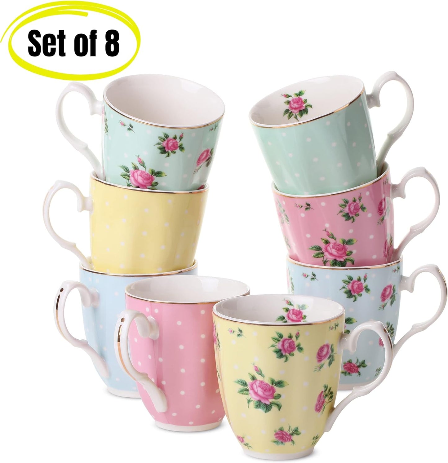 BTaT- Royal Coffee Mugs, 12 oz, Set of 8, Floral Mugs, Porcelain Bone China, Tea Mug