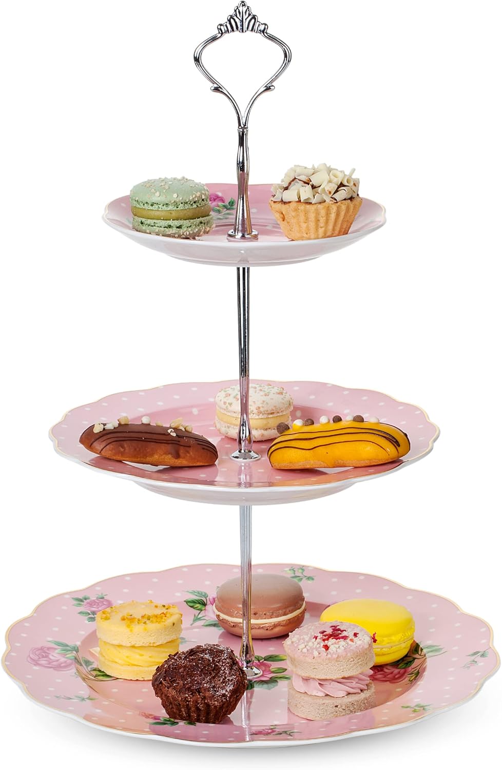 Brew To A Tea 3-Tier Porcelain Dessert Stand, Pink, 12"